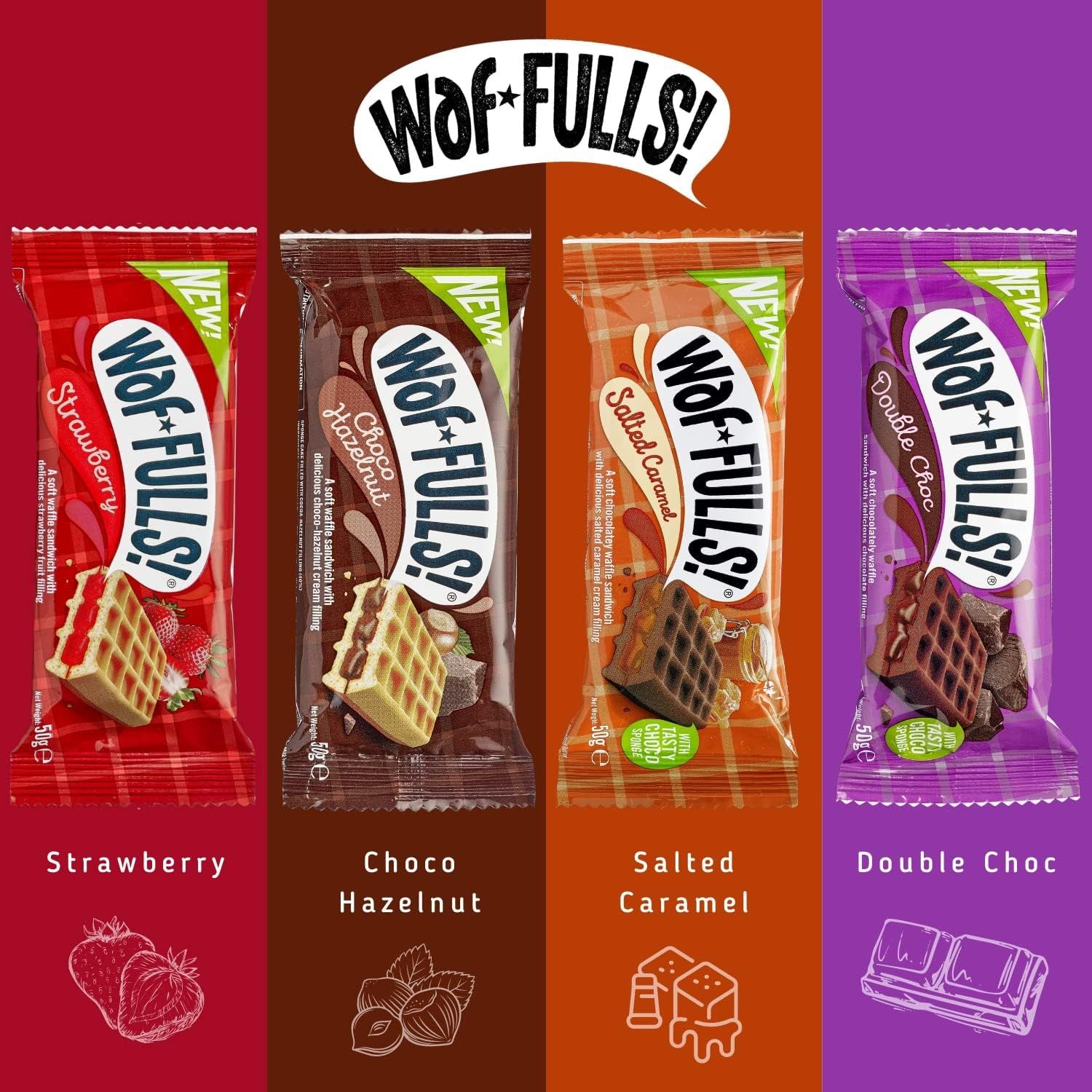 WafFULLS! Gofres de Chocolate y Avellanas, 12 Gofres para Picoteo, Desayuno y Merienda, Barritas Esponjosas Rellenas de Crema de Chocolate y Avellanas, Gofres Envueltos Individualmente Listo para Comer, Caja con 12 Gofres