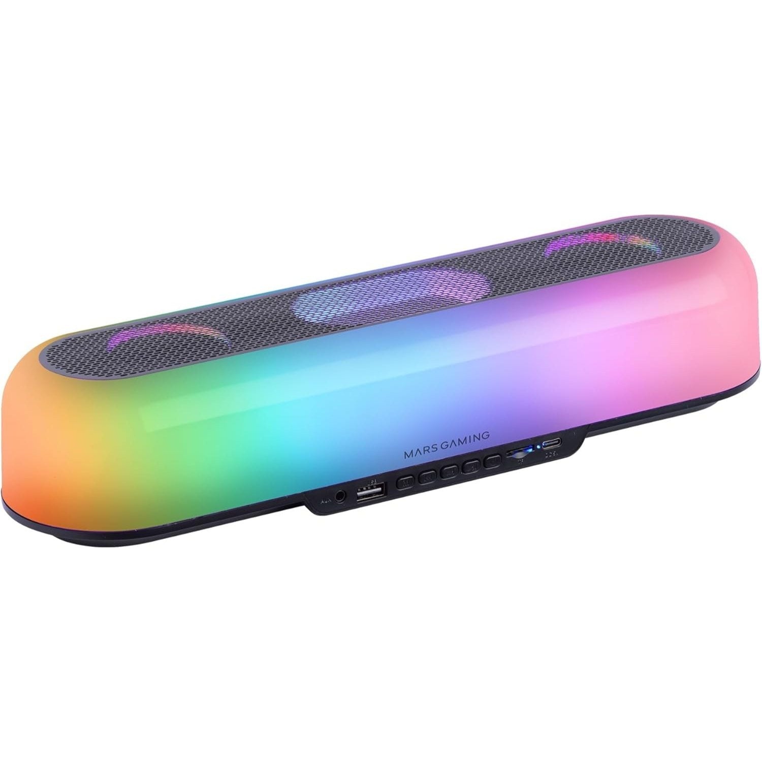 Mars Gaming MSB-Orb, Altavoz Portátil + Barra de Sonido 20W, Iluminación Orbilight RGB 360º, Soundbar con Sistema de Triple Driver, Altavoces Gaming Bluetooth 5.3 / USB/MicroSD/AUX/FM, Negro