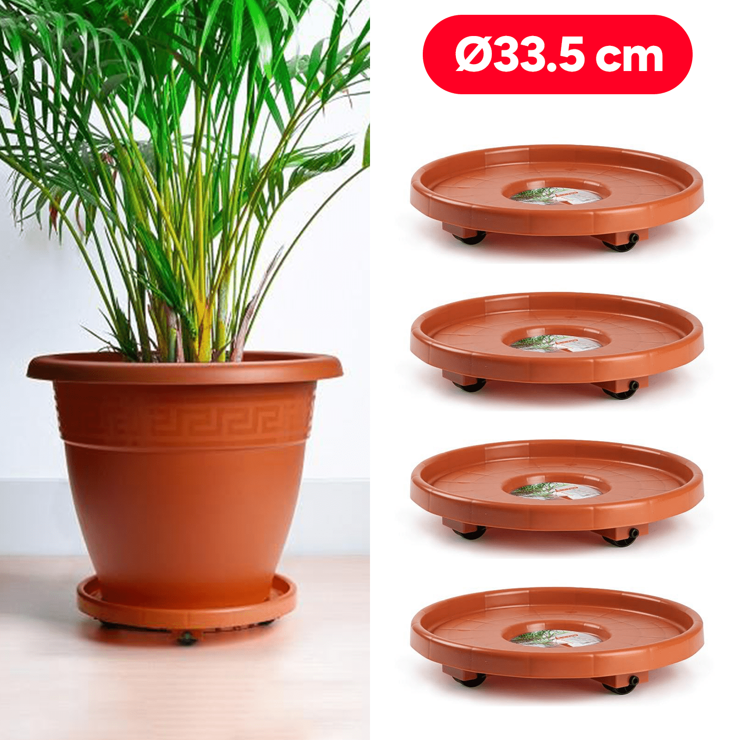 4 Bandejas Ruedas Plantas, soporte para plantas, Porta Macetas, Resistente y Duradero, Ideal para Interior y Exterior, Ø 33,5cm