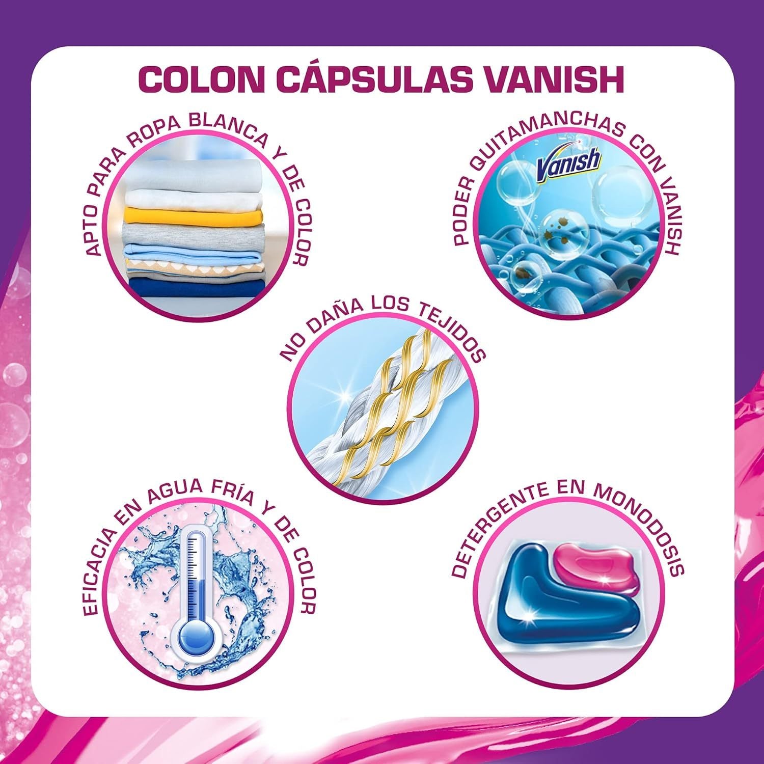COLON Detergente para Lavadora en Cápsulas Vanish Todo en 1, Alto Podert Quitamanchas, Para Ropa Blanca y de Color, 32 Capsulas por Paquete