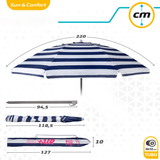 Sombrilla Playa Grande, 200cm / 220cm, Inclinable, Protección UV 50, Hecha de Aluminio y Tela Oxford con Revestimiento, Forma Única para Favorecer la Ventilación, 8 Varillas Resistentes y Flexibles, Ancho Tubo 28/32mm