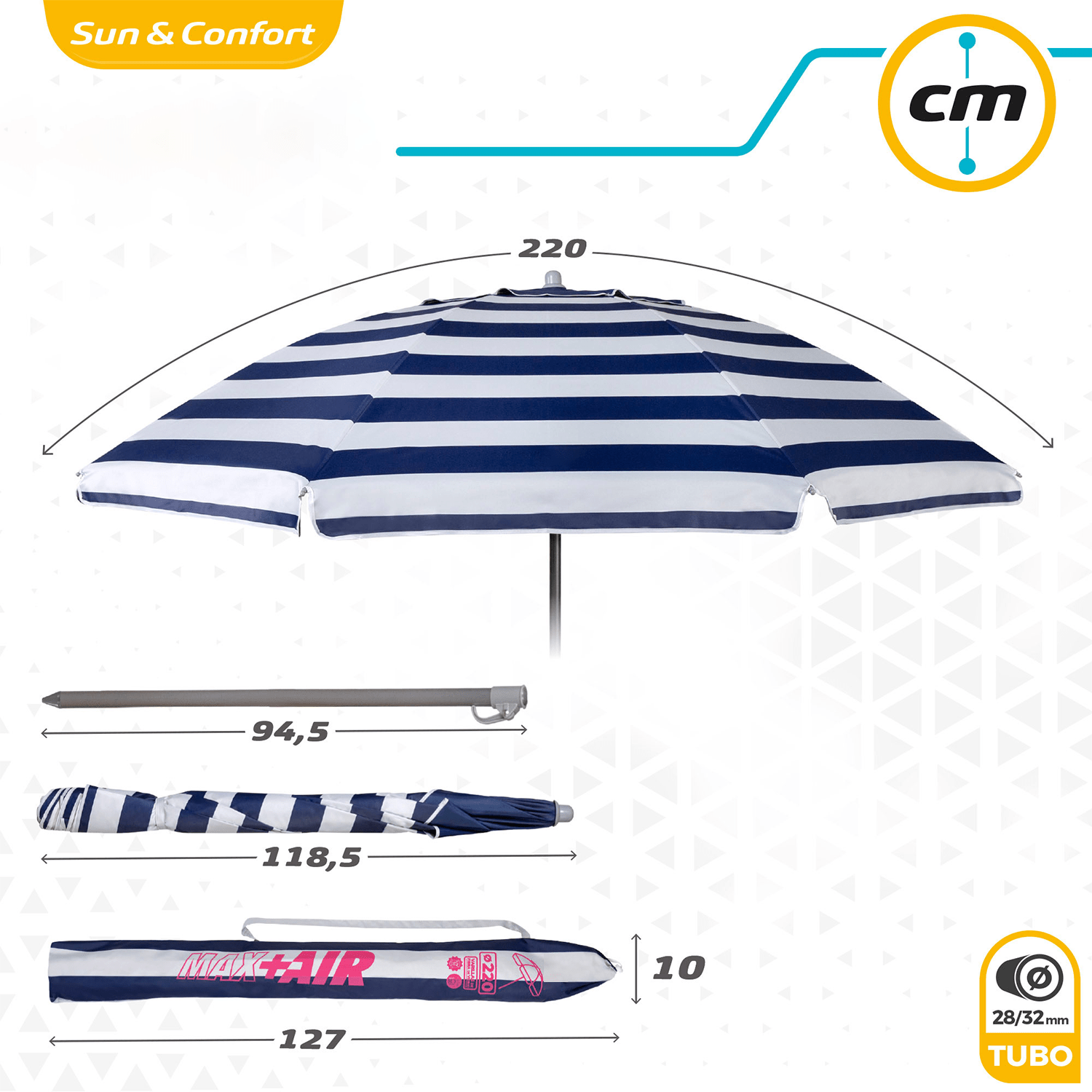 Sombrilla Playa Grande, 200cm / 220cm, Inclinable, Protección UV 50, Hecha de Aluminio y Tela Oxford con Revestimiento, Forma Única para Favorecer la Ventilación, 8 Varillas Resistentes y Flexibles, Ancho Tubo 28/32mm