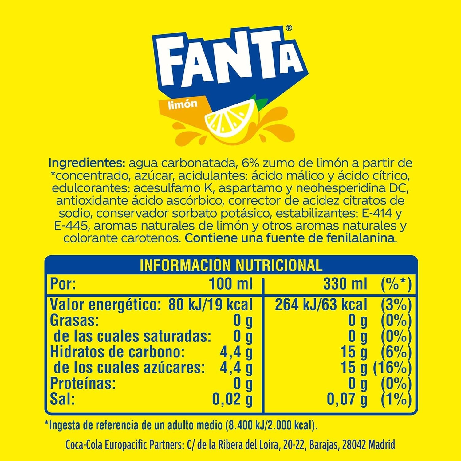 Fanta Limón, Refresco con 6% de Zumo de Limón, Bajo en Calorías, Pack Ahorro de 24 Latas de 330ml