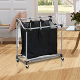 Carrito Lavandería con Robusta Estructura de Acero y 3 Bolsas de Tejido de Malla Transpirable Extraíbles, Ruedas para Fácil Transporte, Medidas de16,5 X 10,3 X 73,6 cm