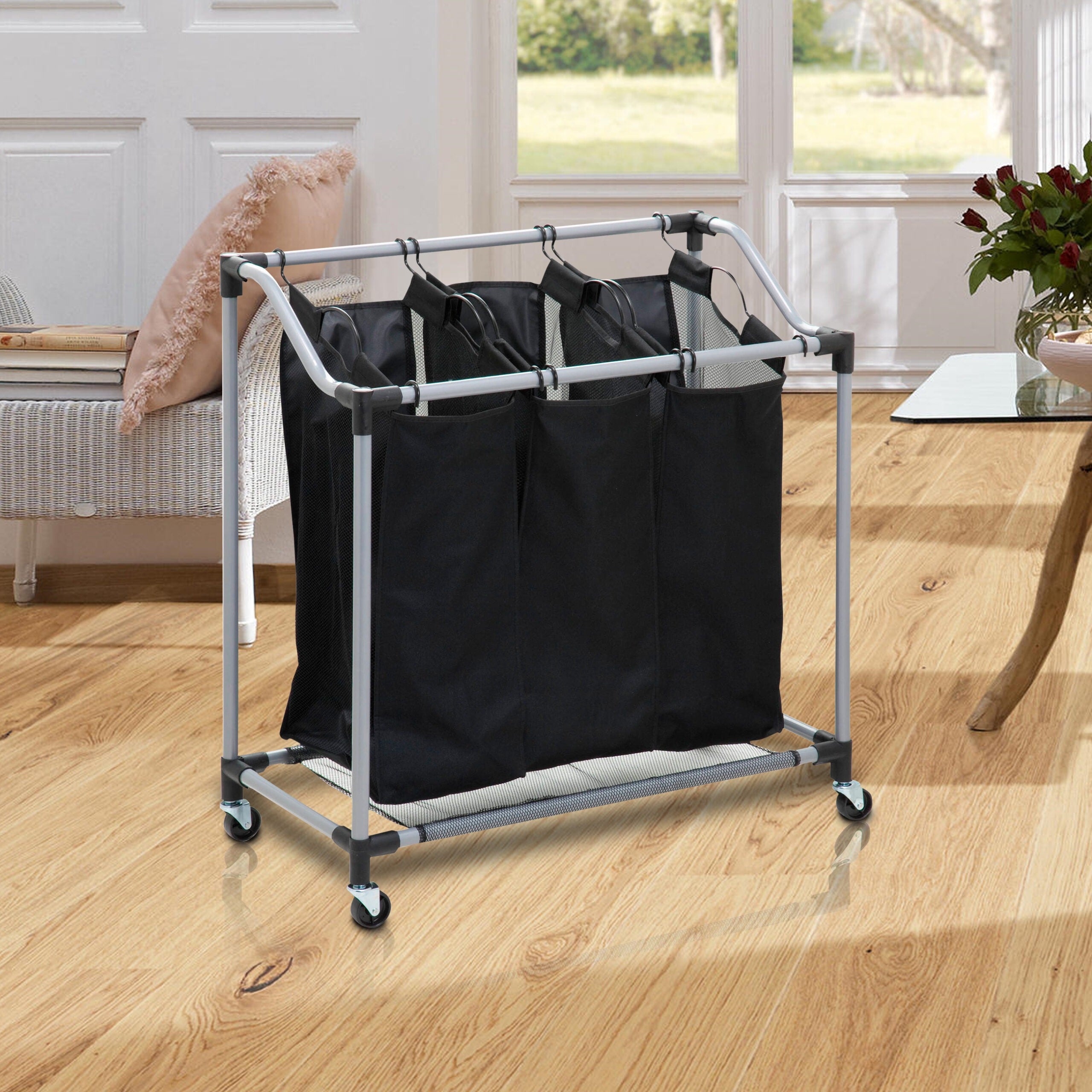 Carrito Lavandería con Robusta Estructura de Acero y 3 Bolsas de Tejido de Malla Transpirable Extraíbles, Ruedas para Fácil Transporte, Medidas de16,5 X 10,3 X 73,6 cm