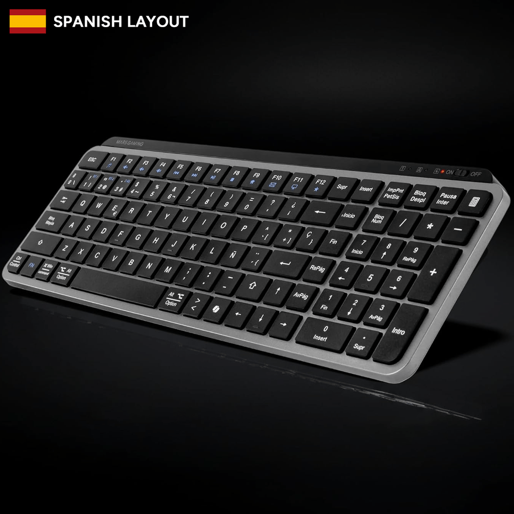 Mars Gaming MK-SILENKEYS, Teclado Inalámbrico Full-Format Compacto, Perfil Bajo, Switches Tijera Silenciosos, Tecla Copilot AI, Bluetooth 5.1 Dual + 2.4GPRO, Batería 200h, PC/Mac, Español, Negro