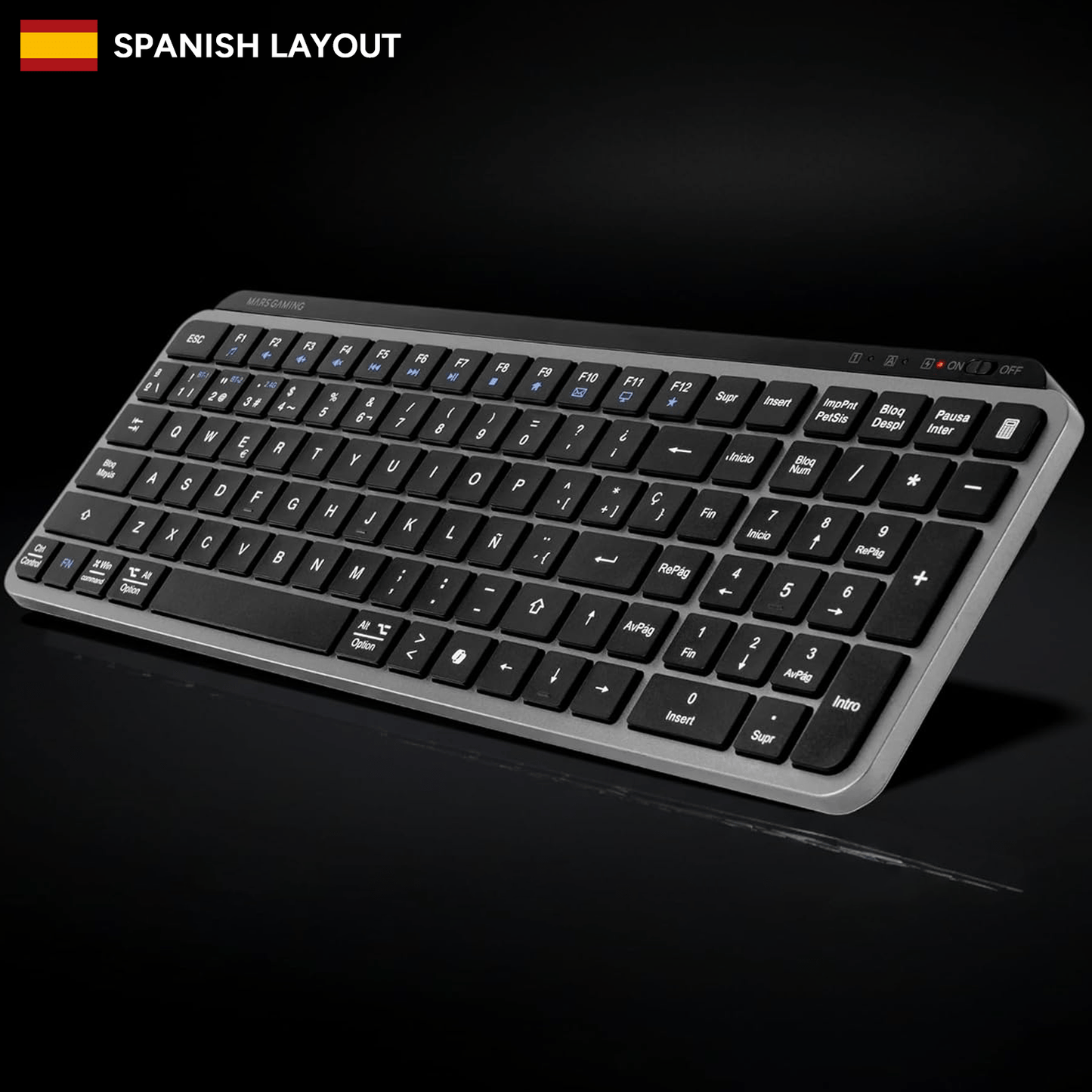 Mars Gaming MK-SILENKEYS, Teclado Inalámbrico Full-Format Compacto, Perfil Bajo, Switches Tijera Silenciosos, Tecla Copilot AI, Bluetooth 5.1 Dual + 2.4GPRO, Batería 200h, PC/Mac, Español, Negro