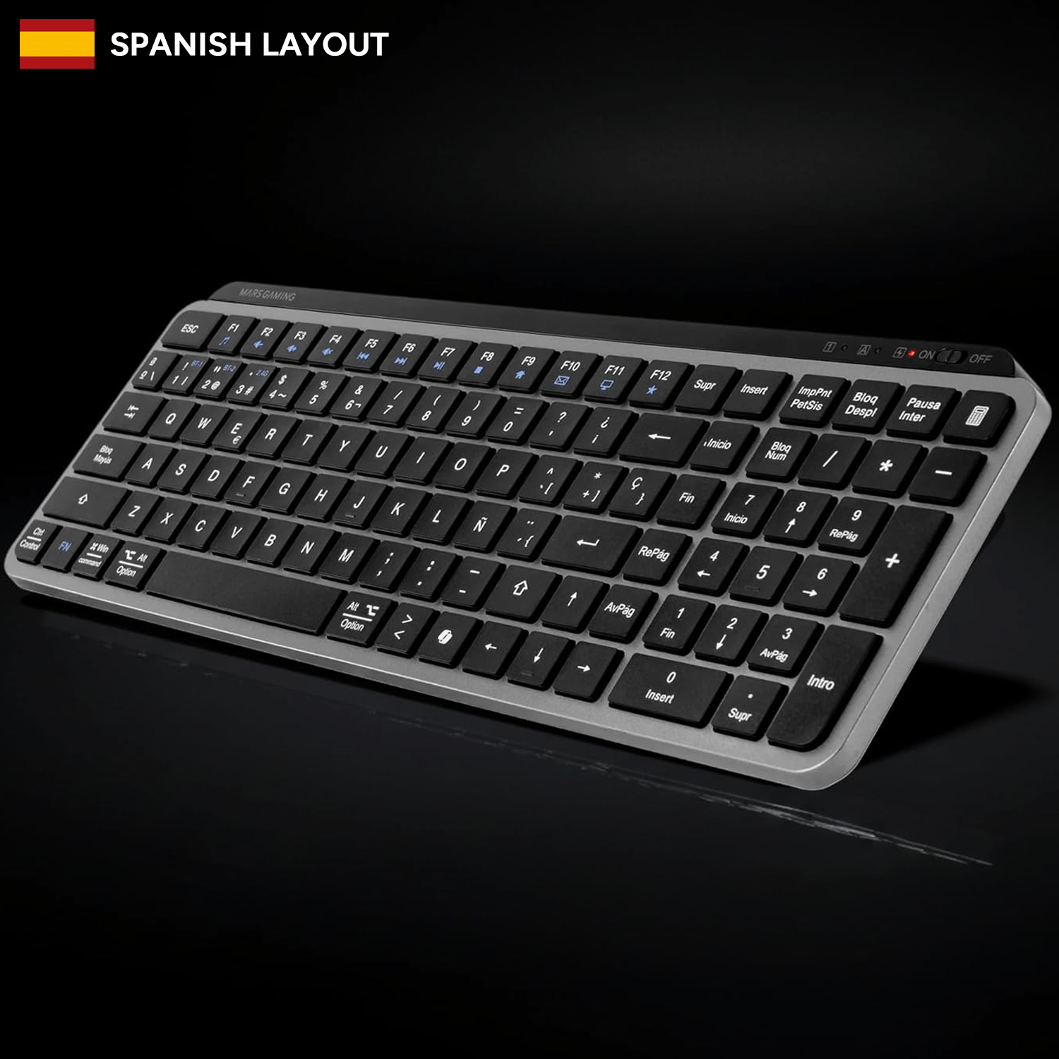 Mars Gaming MK-SILENKEYS, Teclado Inalámbrico Full-Format Compacto, Perfil Bajo, Switches Tijera Silenciosos, Tecla Copilot AI, Bluetooth 5.1 Dual + 2.4GPRO, Batería 200h, PC/Mac, Español, Negro