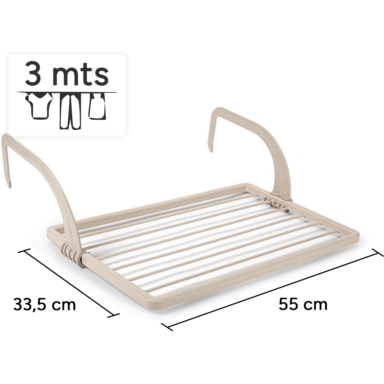 Tendedero Balcón con Superficie de Tendido de 3m, para Balcones y Radiadores, Resistente la Intemperie, 55 x 33,5cm