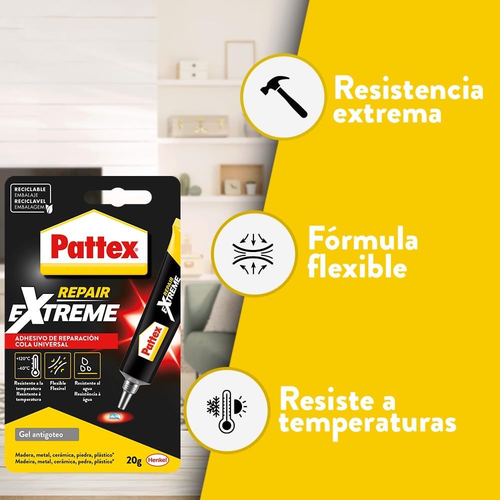 Pattex Repair Extreme Pegamento de Reparación Universal, Cola Impermeable Ideal para Reparaciones en Interiores y Exteriores, Resistente a la Temperatura, Flexible, Resistente al Agua, 20g