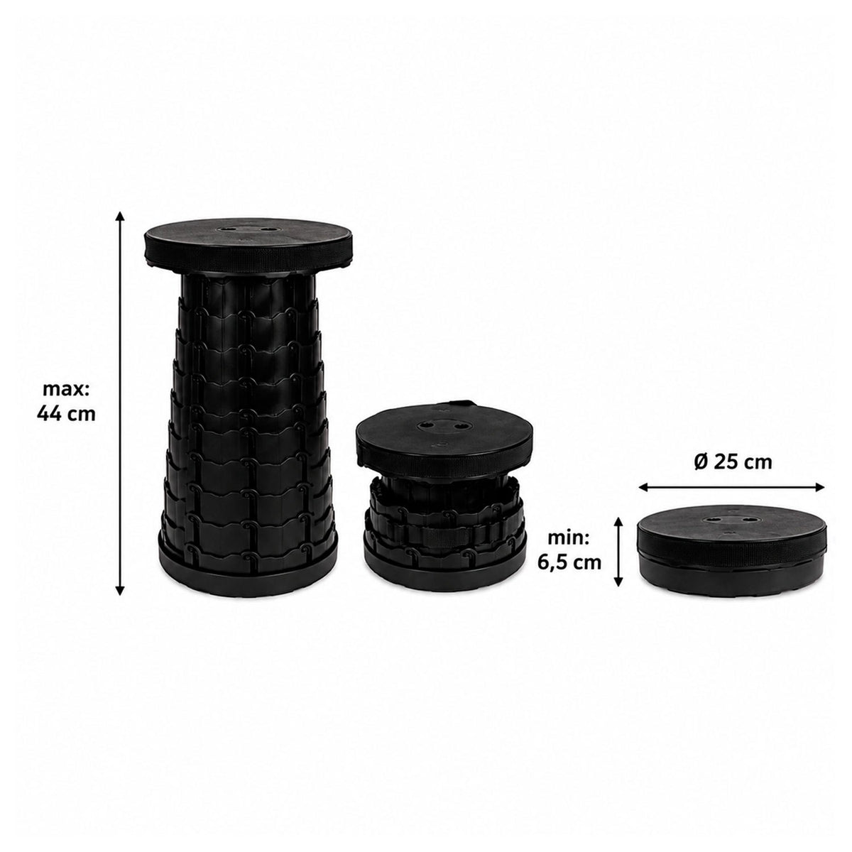 AKTIVE Taburete Telescópico Portátil Plegable para Camping, Playa y Pesca con Diseño Compacto, Asa y Correa de Transporte, Capacidad de hasta 120 kg, 44 cm, Negro