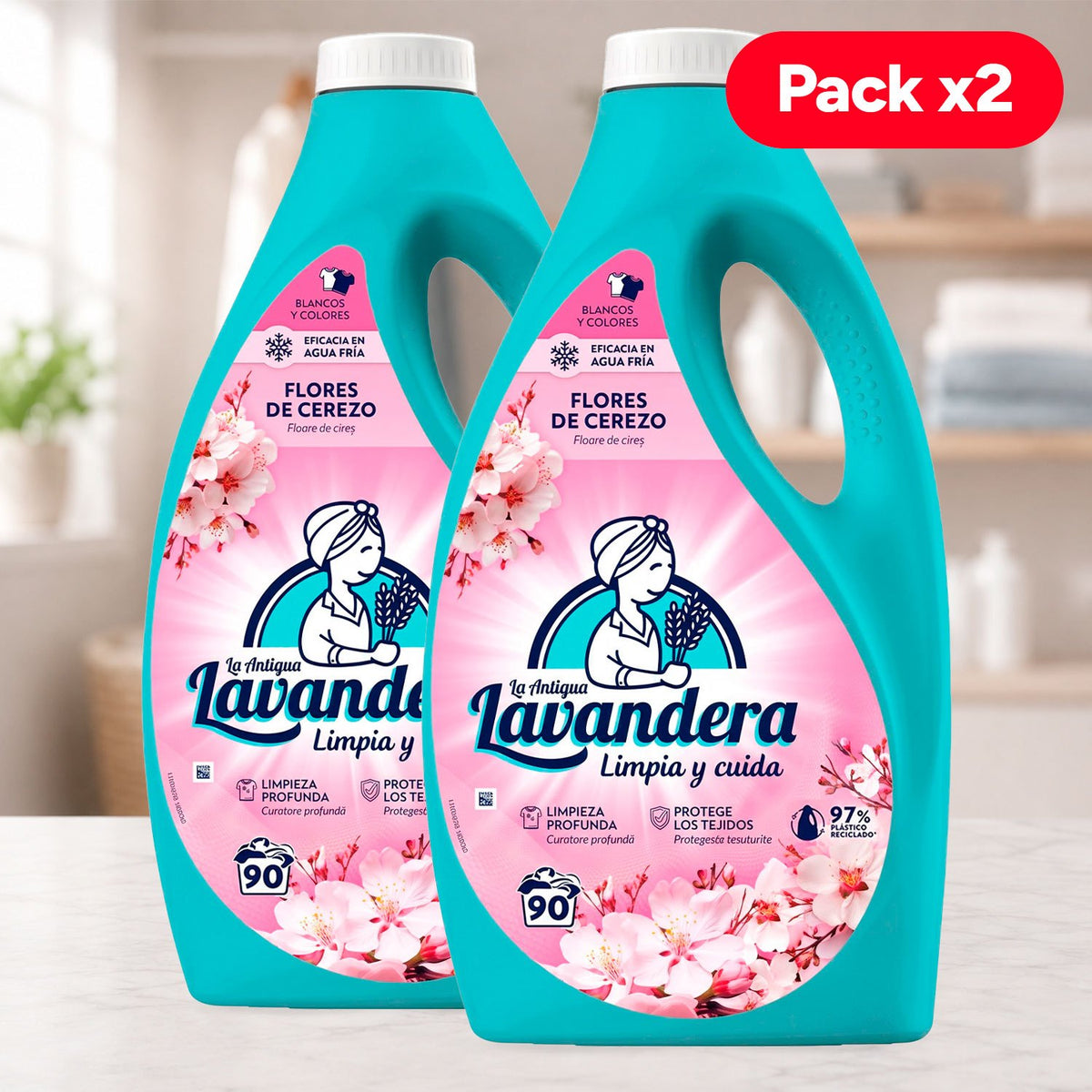 La Antigua Lavandera Detergente Líquido para Ropa, Aroma Flor de Cerezo, Pack de 2 Botellas de 90 Lavados Cada Una, 180 Lavados en Total