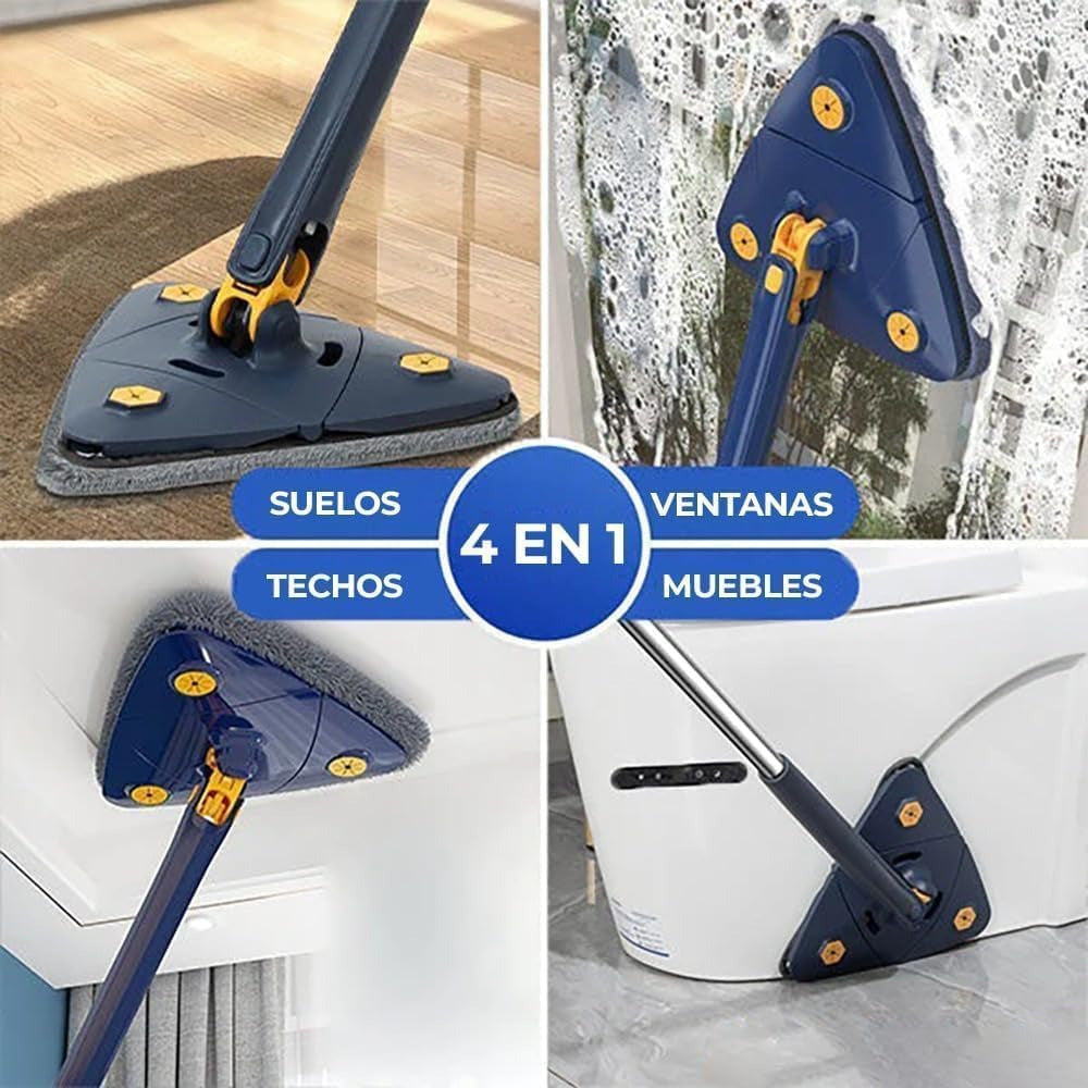 Mopa Triangular Limpieza Giratoria 360 para Limpiar Suelos, Paredes, Ventanas, Techos y Muebles. Fregona Triangular Microfibra, Función Autoescurrible, Incluye 2 Recambios. Cabezal de 27 x 27 x 27 cm, con un Mango Extensible de hasta 130 cm.