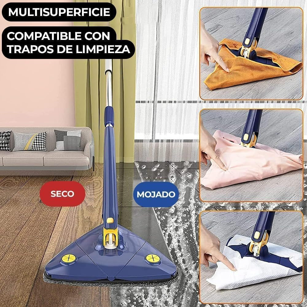 Mopa Triangular Limpieza Giratoria 360 para Limpiar Suelos, Paredes, Ventanas, Techos y Muebles. Fregona Triangular Microfibra, Función Autoescurrible, Incluye 2 Recambios. Cabezal de 27 x 27 x 27 cm, con un Mango Extensible de hasta 130 cm.
