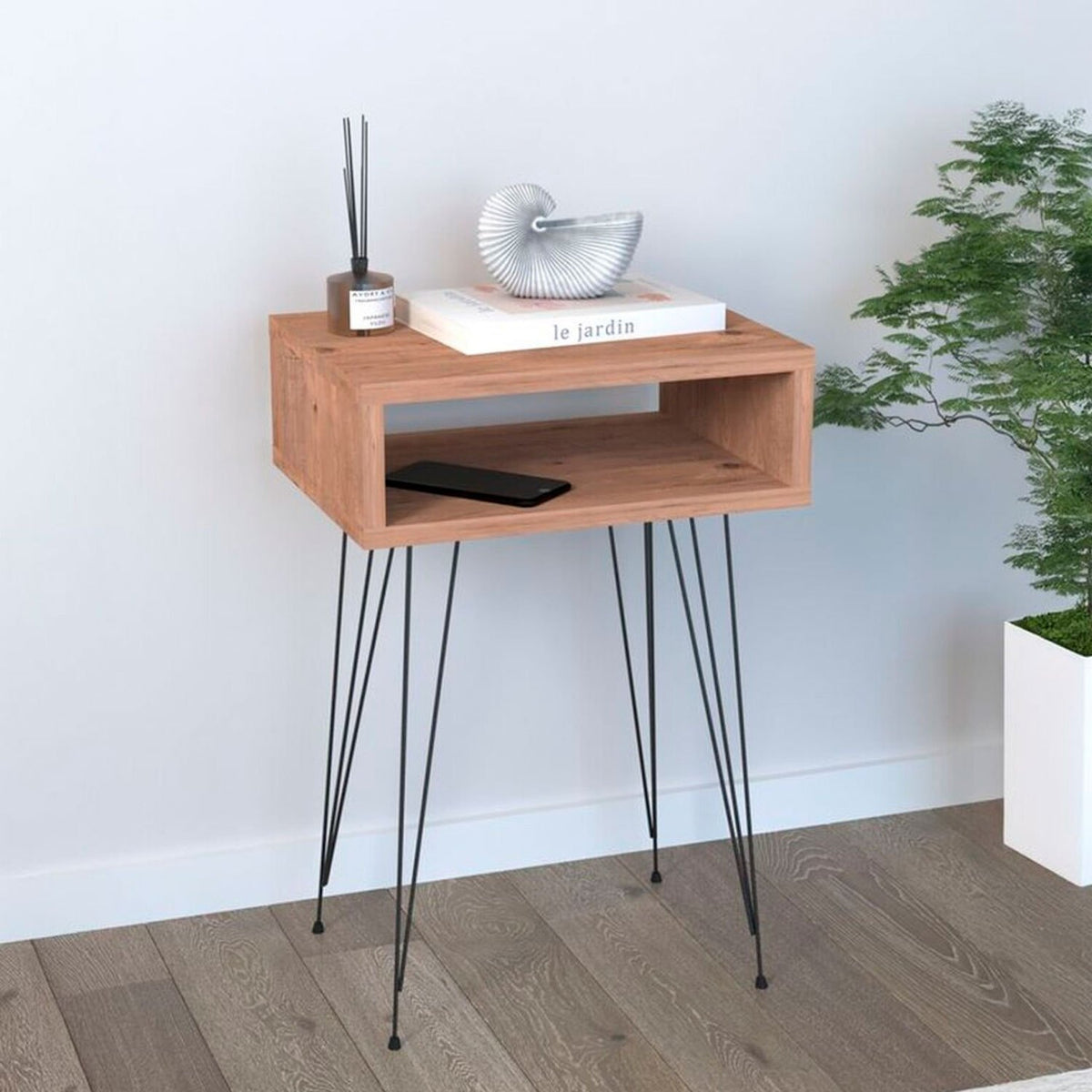 Mesita de Noche con Compartimento Abierto, Mesa Auxiliar para Dormitorio con Espacio de Almacenamiento y Patas Metálicas, Acabado Efecto Madera, 45 x 27 x 59 cm
