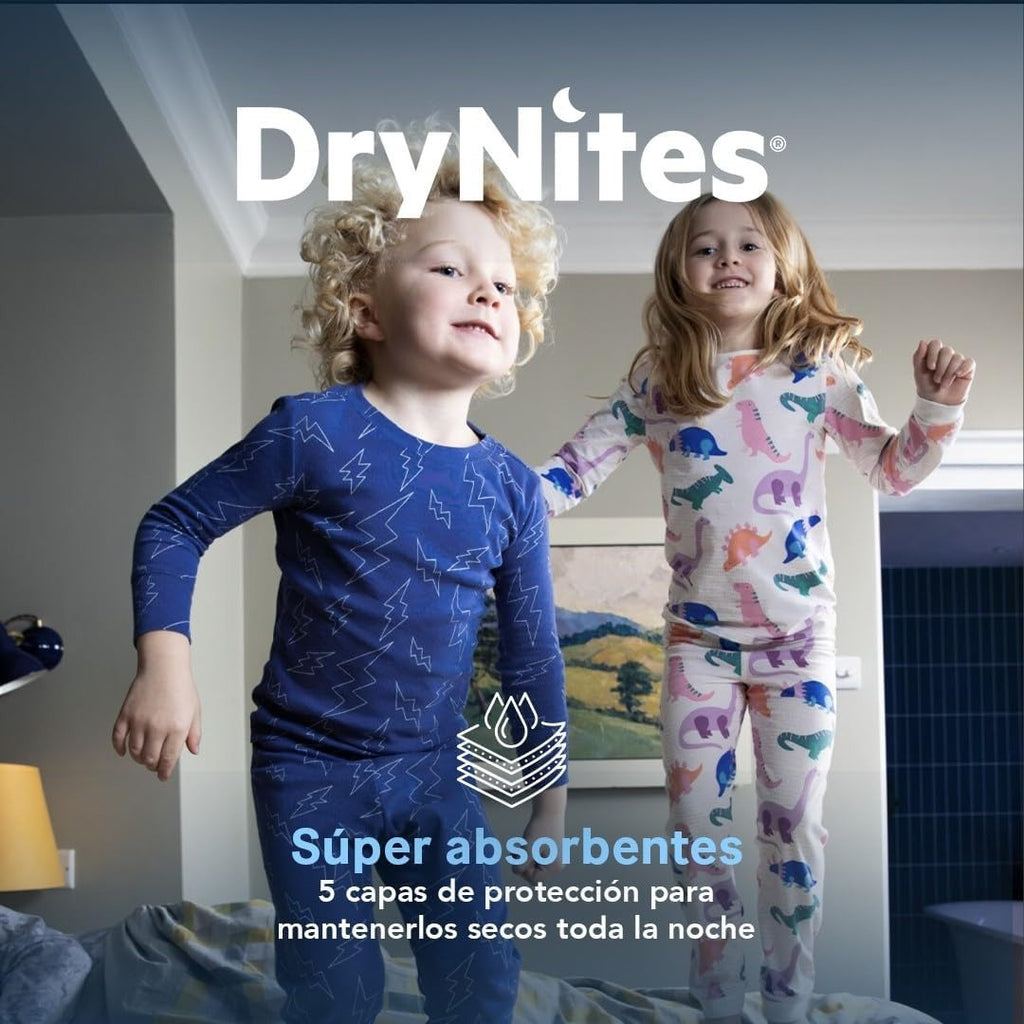 HUGGIES Dry Nites Bragas Absorbentes Niña, Clínicamente Probado con 5 capas de Máxima Protección Nocturna, Hasta un 100% de Noches Secas, Diseñados para parecer y sentirse como Ropa Interior de verdad, Pañales de Noche