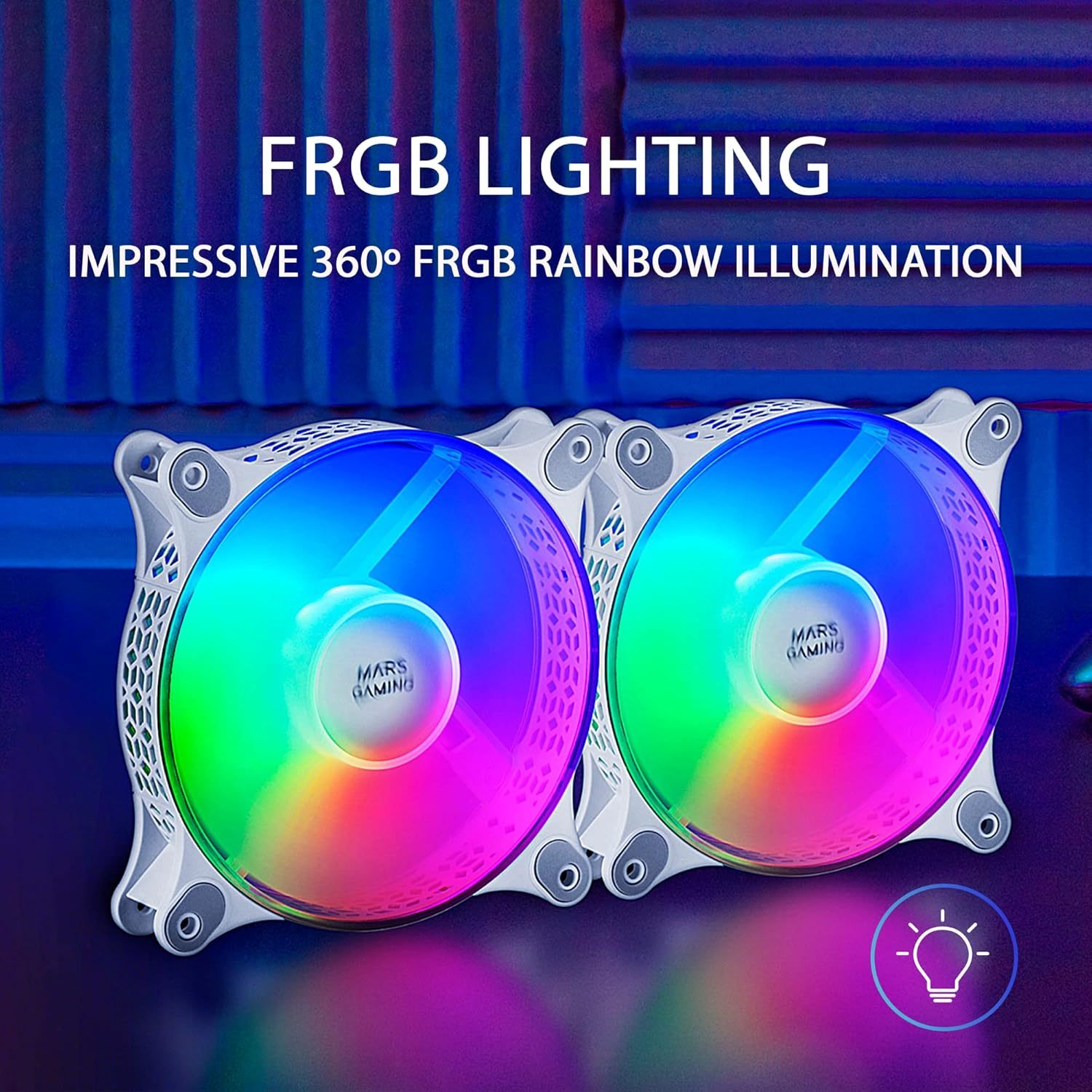 Mars Gaming MFDUO, Kit 2x Ventiladores de 120mm FRGB Rainbow 360°, Ultra-silencioso, Doble Conexión 3PIN + 4PIN, Blanco