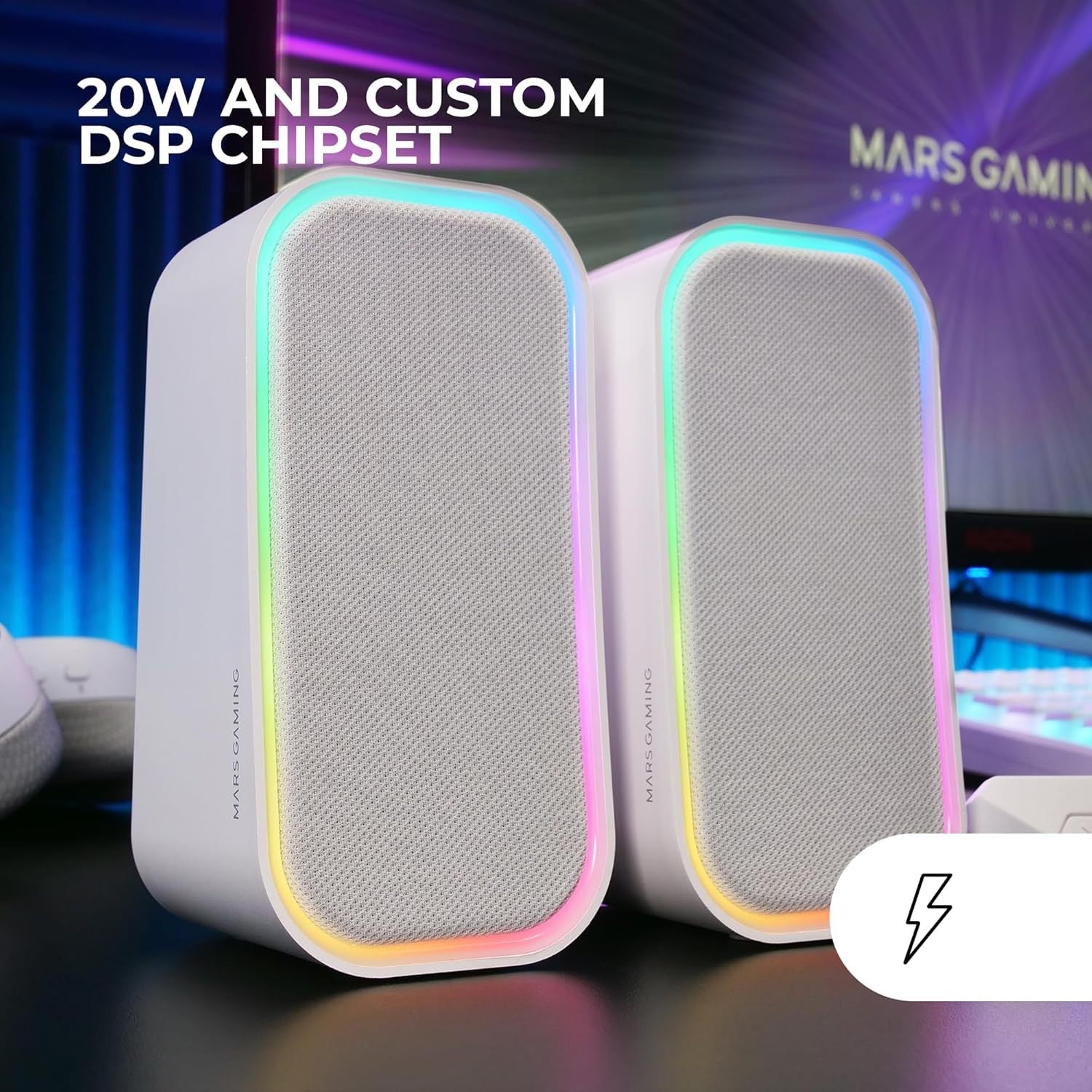 Mars Gaming MS-OM, Altavoces Gaming 20W, Iluminación Dinámica RGB, Altavoces Bluetooth 5.3 + AUX-IN, Caja de Control de Volumen, Chipset DSP Personalizado, Compatibilidad Universal, Blanco