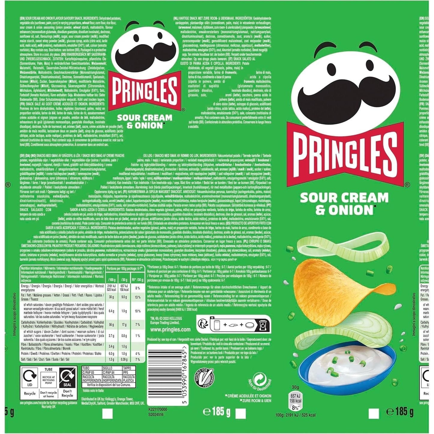 Pringles Sour Cream & Onion, Snack de Patatas Fritas sabor Crema Agria y Cebolla, Tamaño XXL de 185g, Pack de 6 Unidades