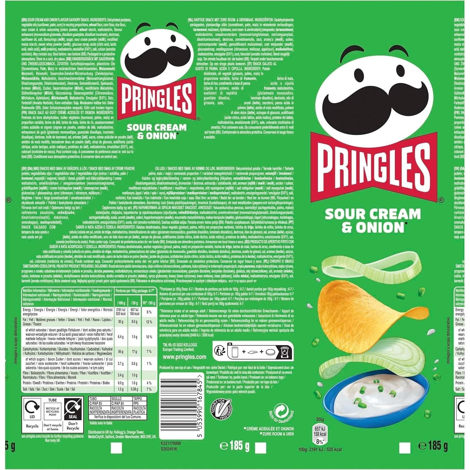 Pringles Sour Cream & Onion, Snack de Patatas Fritas sabor Crema Agria y Cebolla, Tamaño XXL de 185g, Pack de 6 Unidades