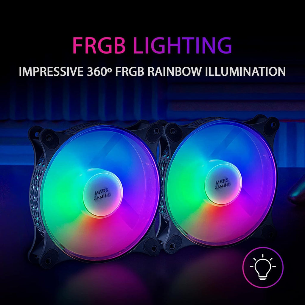 Mars Gaming MFDUO, Kit 2x Ventiladores de 120mm FRGB Rainbow 360°, Ultra-silencioso, Doble Conexión 3PIN + 4PIN, Negro