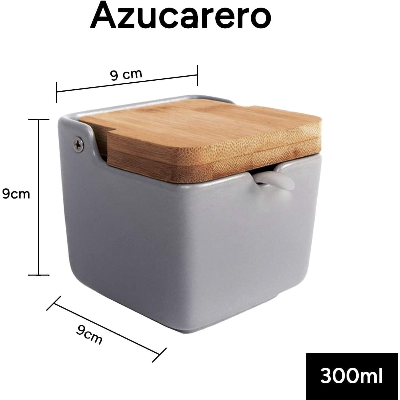 Azucarero Cocina con Tapa, Hecho de Cerámica y Madera, Capacidad de 300ml, Recipiente para Especias y Aliños, Gris, 9 x 9 x 9 cm
