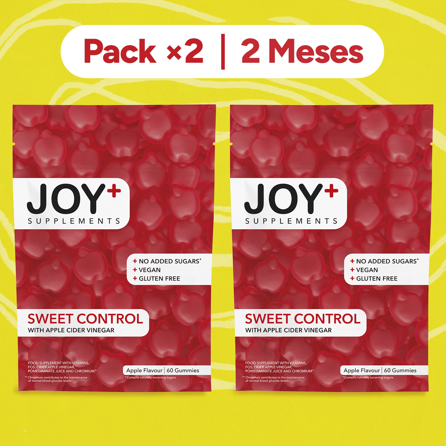 Pack x2 Gominolas para el Control de Glucosa con Vinagre de Manzana, Cromo, Ácido Fólico, Vitaminas B6 y B12, Sabor Manzana, 2 x 60 Gummies, 120 Gummies - Joy+ Supplements
