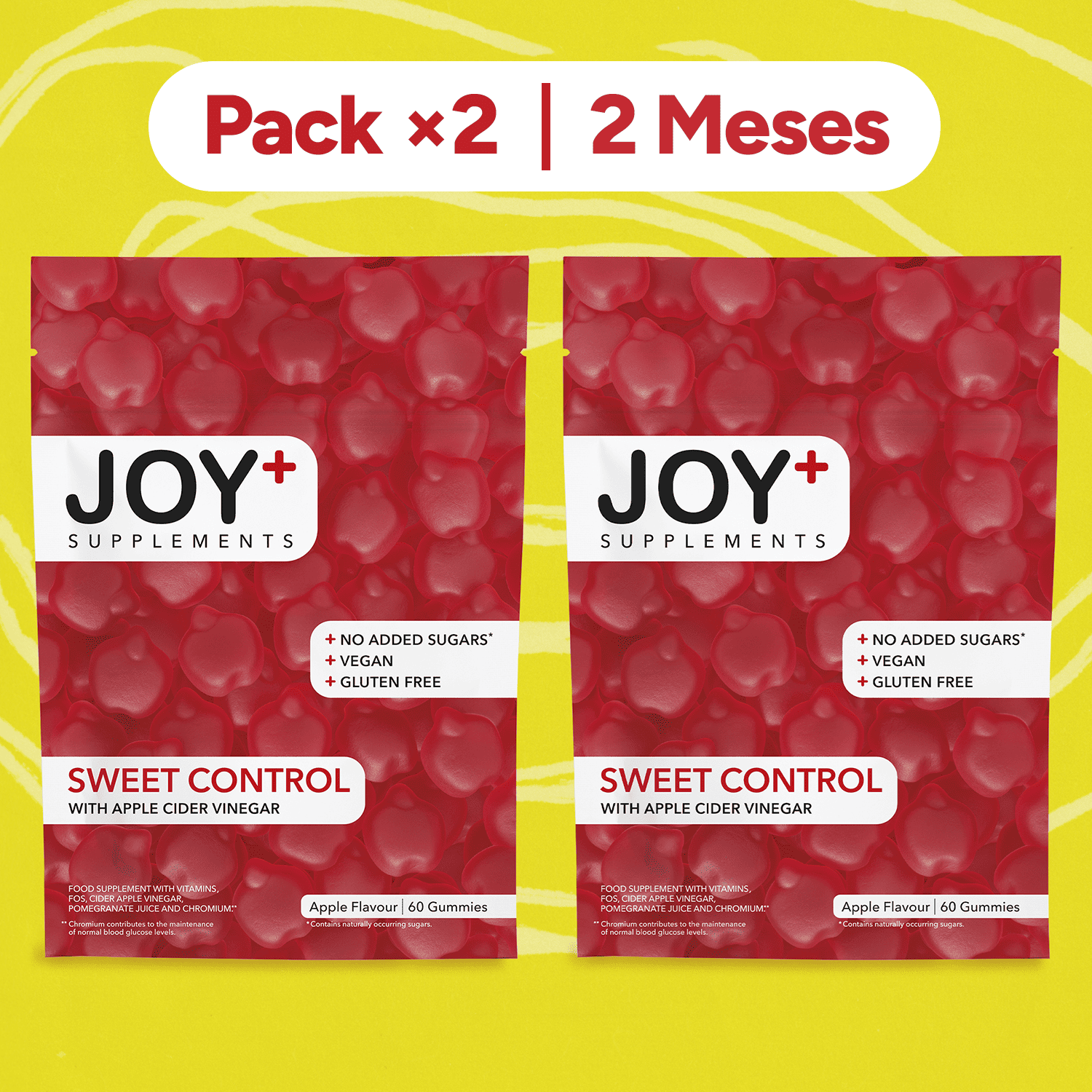 Pack x2 Gominolas para el Control de Glucosa con Vinagre de Manzana, Cromo, Ácido Fólico, Vitaminas B6 y B12, Sabor Manzana, 2 x 60 Gummies, 120 Gummies - Joy+ Supplements