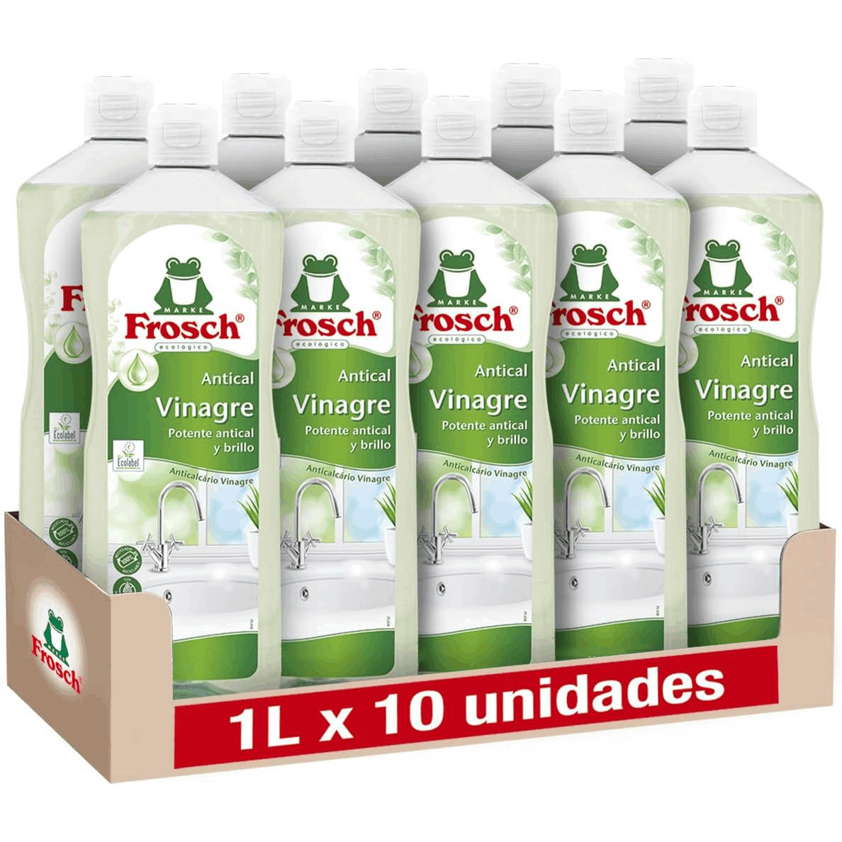 Frosch Vinagre de Limpieza Antical, Limpiador que Elimina la Cal en Profundidad, Potencia el Brillo, Pack 10 Unidades x 1L, 10L en Total