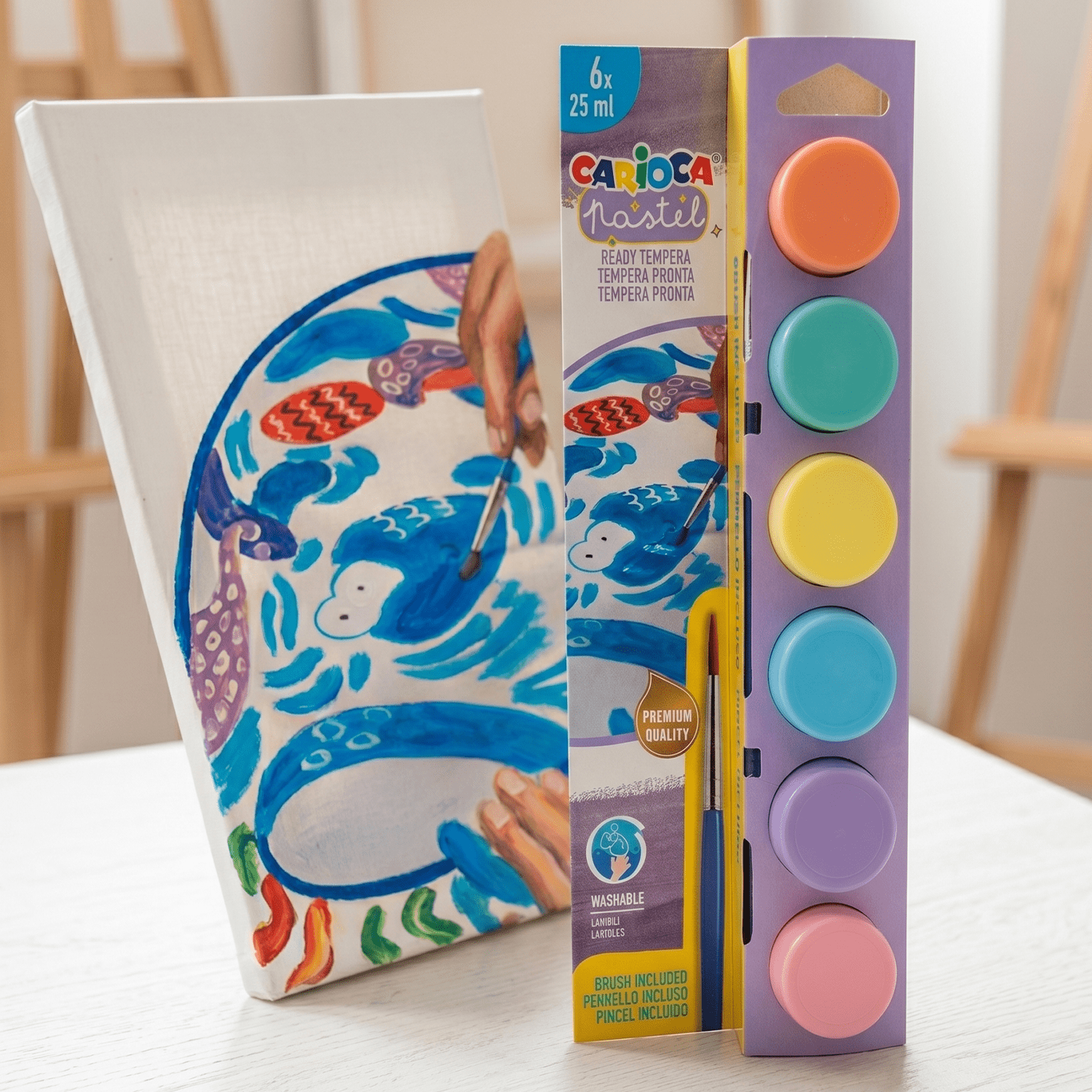 CARIOCA Temperas de Colores Pastel, 6 Colores, Incluye Pincel, Listas para Usar, Lavables, Máxima Calidad de Pigmento, 6 Temperas de 25ml