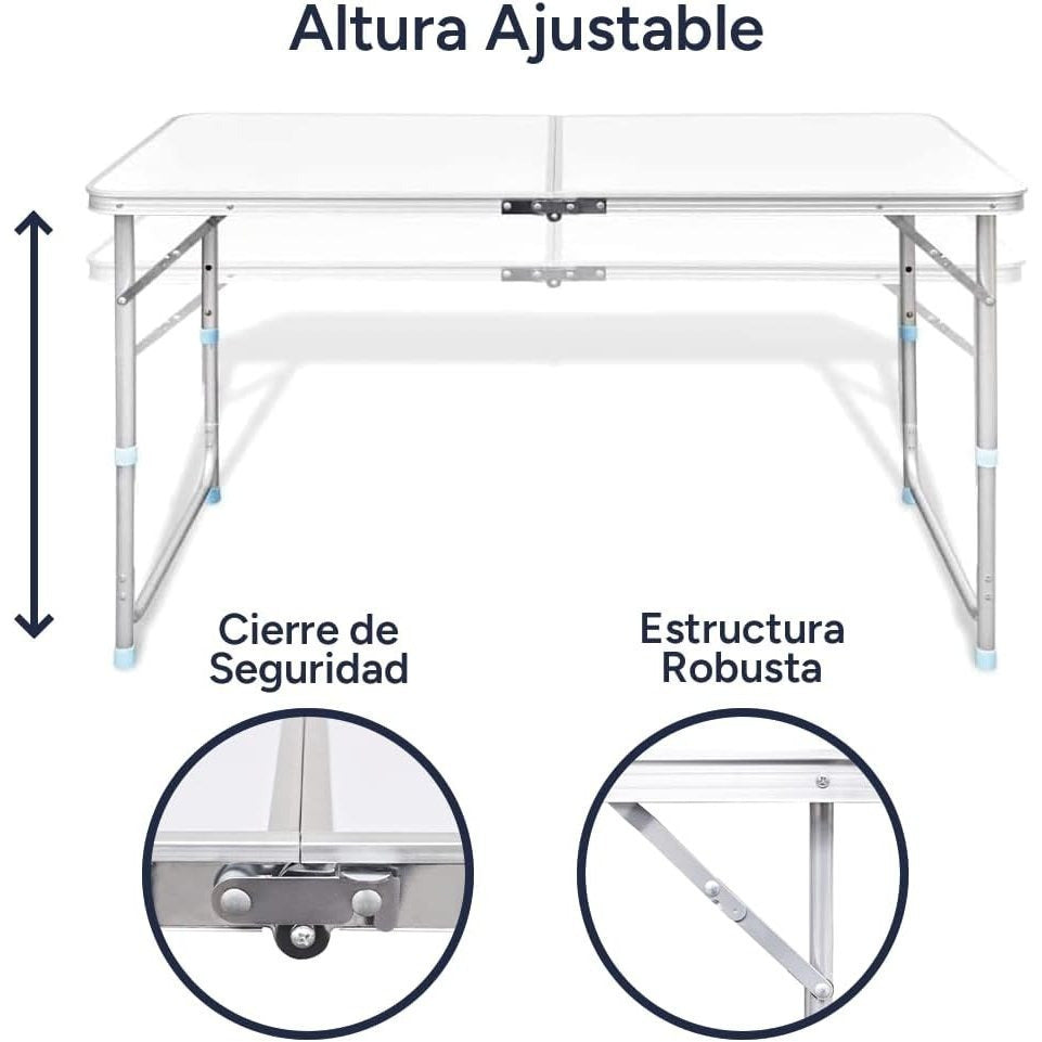 Mesa Plegable Portátil Camping para 4 Personas, Altura Regulable, Incluye 4 Taburetes Plegables, Mesa Plegable Jardín, Mesa Plegable con Sillas, Set de Mesa Plegable Jardín con Sillas, Fácil de Transportar y Guardar, 120x60x55/62/70 cm