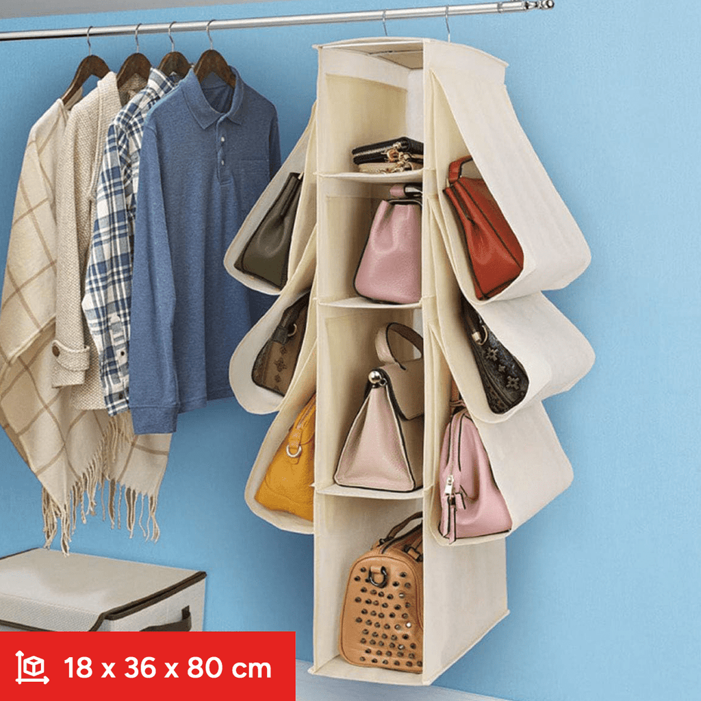 Organizador Armario Ropa, Organizador Bolsos de 18 x 36 x 80 cm, 2 Enganches Metálicos para Colgar, Compartimentos de Gran Capacidad, 4 Compartimentos Centrales, 6 Compartimentos Laterales