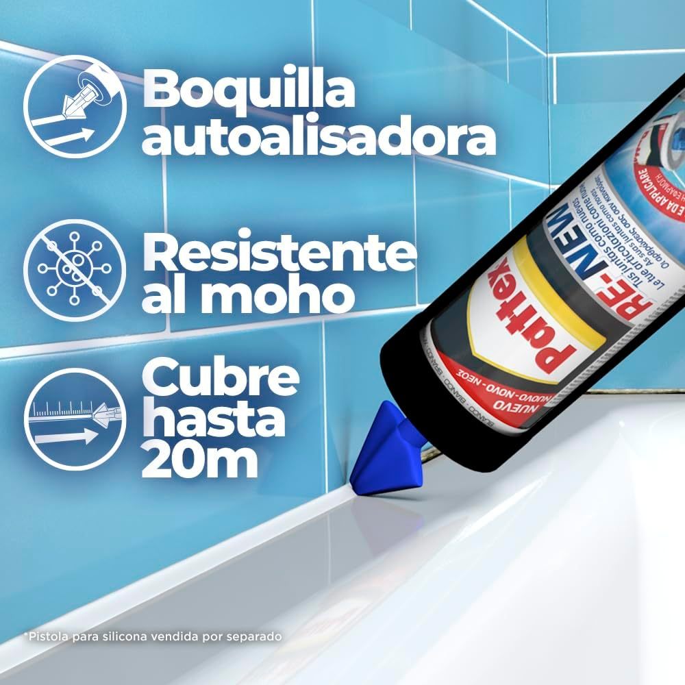 Pattex RE-NEW, Silicona Blanca para Baños, Blanqueador de Juntas, Sellador Universal Impermeable con Triple Resistencia, 280ml