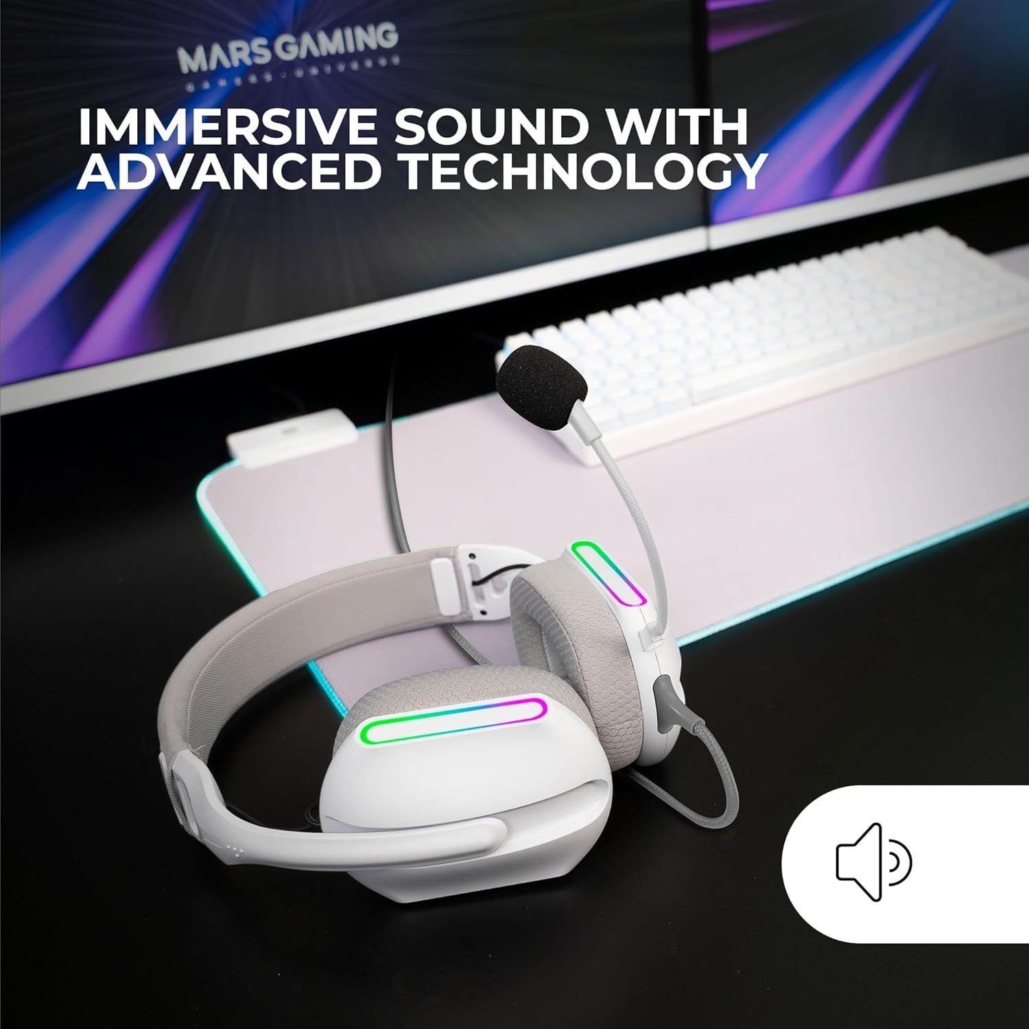 Mars Gaming MH-Pro, Auriculares Gaming ARGB Flow, Sonido Envolvente, Almohadillas Air 3D, Micrófono, PS4, PS5, Xbox One, Xbox Series X-S, Switch, Switch 2, Windows, Mac, Smartphone y Tablet, Blanco