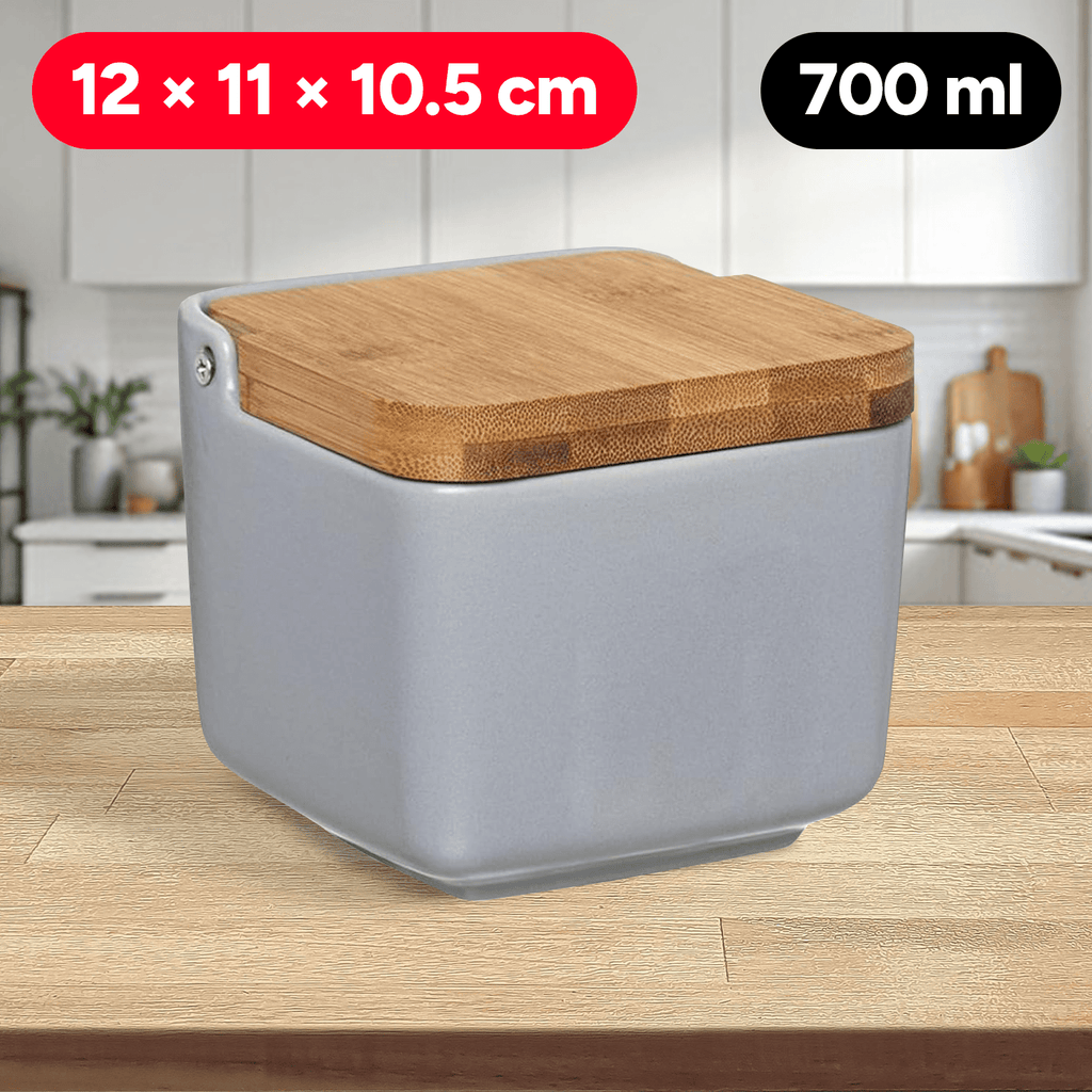 Salero Cocina con Tapa, Hecho de Cerámica y Madera, Capacidad de 700ml, Recipiente para Especias y Aliños, Gris, 12 x 11 x 10,5 cm