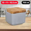Salero Cocina con Tapa, Hecho de Cerámica y Madera, Capacidad de 700ml, Recipiente para Especias y Aliños, Gris, 12 x 11 x 10,5 cm