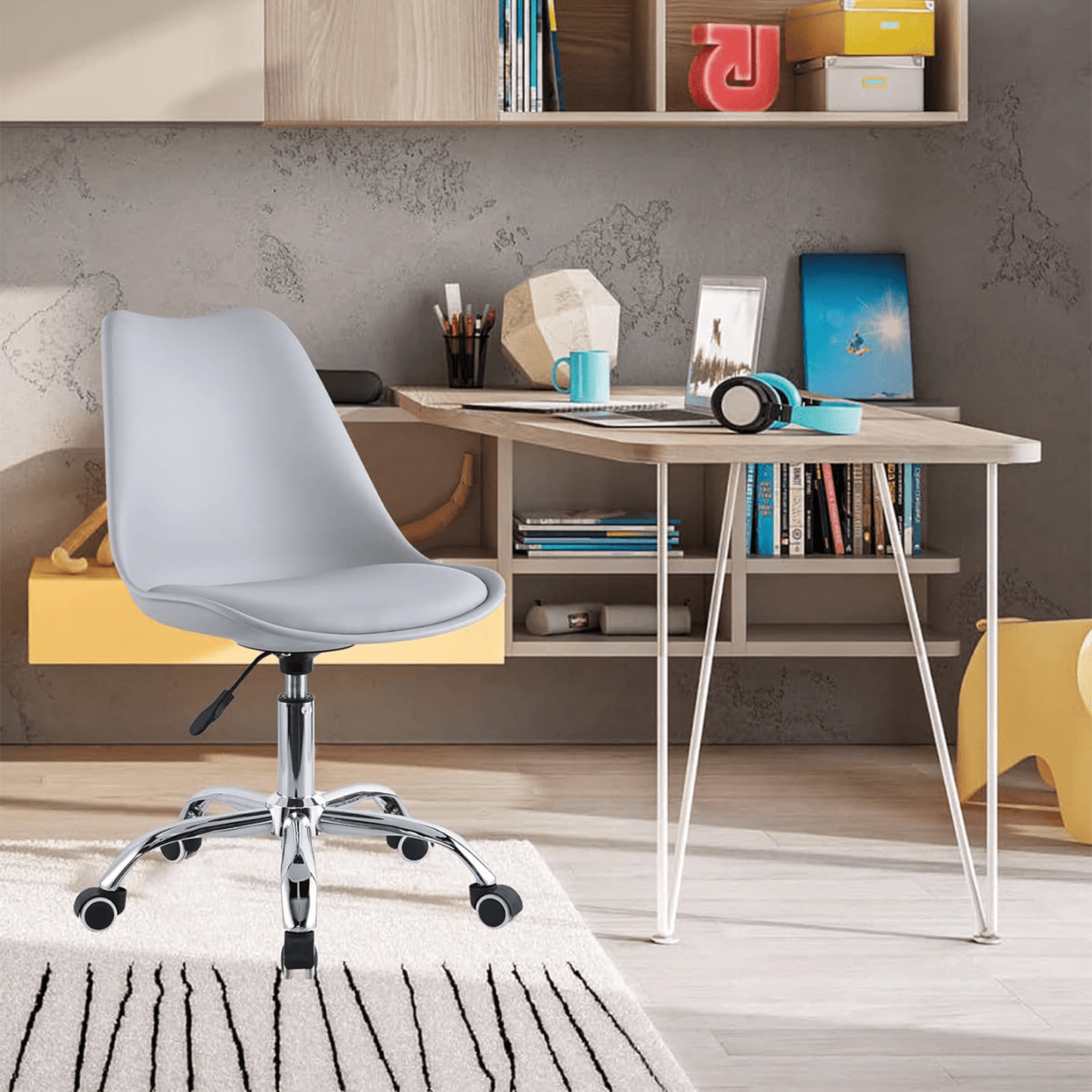 Silla Escritorio Ergonómica con Ruedas, Silla Oficina Giratoria con Altura Ajustable, Acolchada, Estilo Nórdico, Ideal para Estudio y Oficina