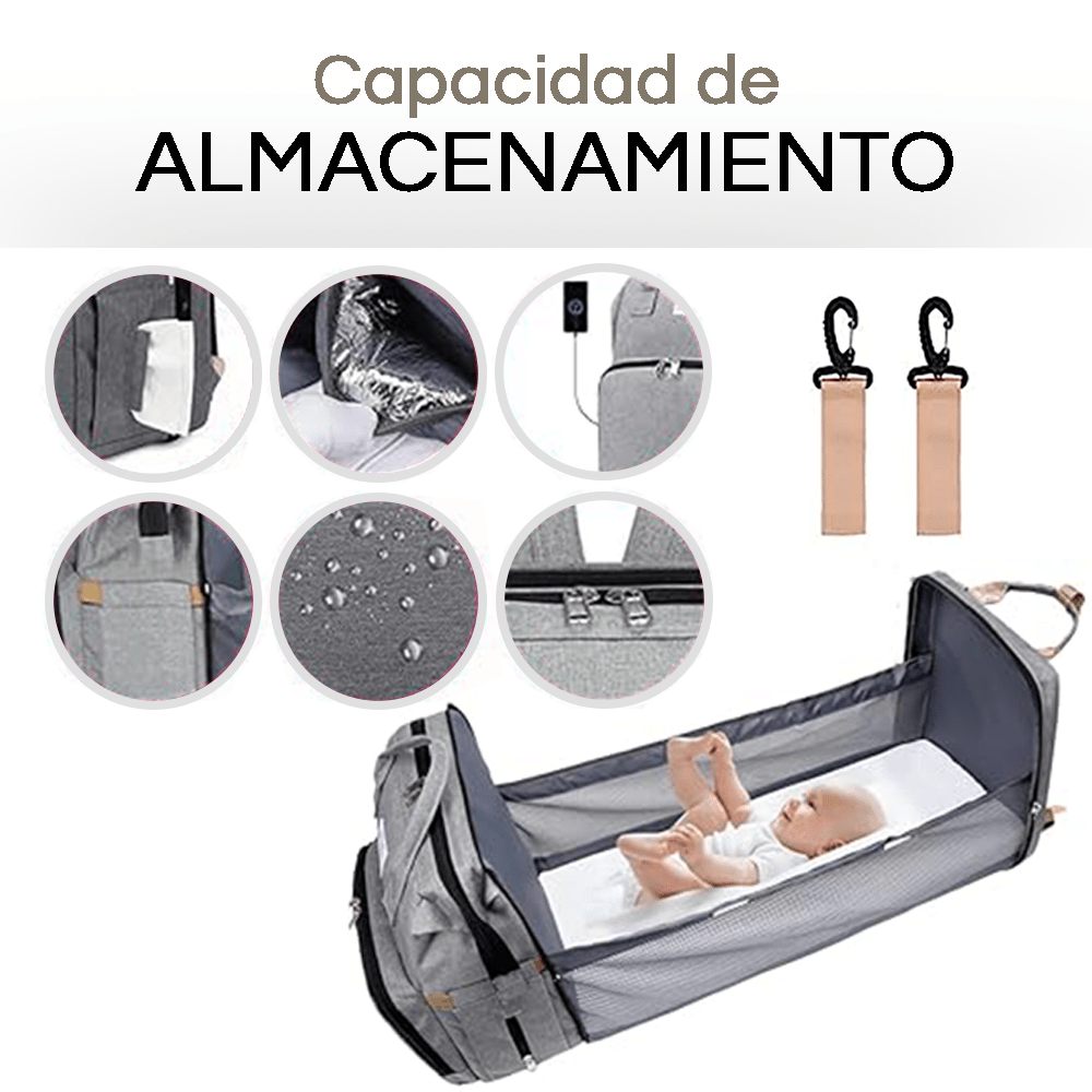 Mochila Cuna Bebe Portatil Multifuncional, Mochila para Pañales con Cuna, Mochila Cambiador Multifuncional para Pañales y Almacenaje de Artículos para Bebé, Múltiples Compartimentos, Graduable y Resistente, Incluye Ganchos para Carro