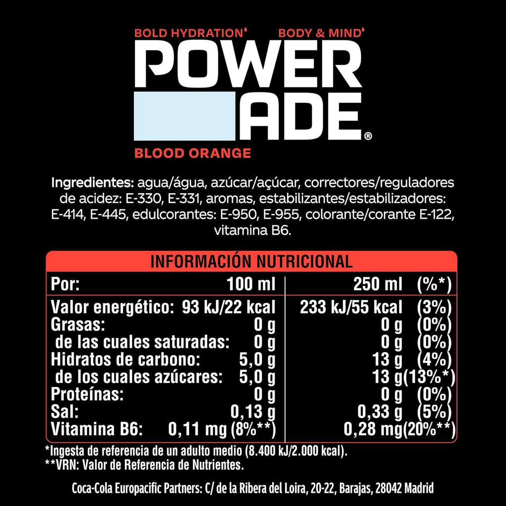 Powerade Bebida Isotonica, Bebida Deportiva Refrescante y Sin Gluten, Con Vitaminas B6 y Electrolitos a Base de Hidratos de Carbono, Ideal para Entrenamientos y Deporte, Pack 12/24, 500ml