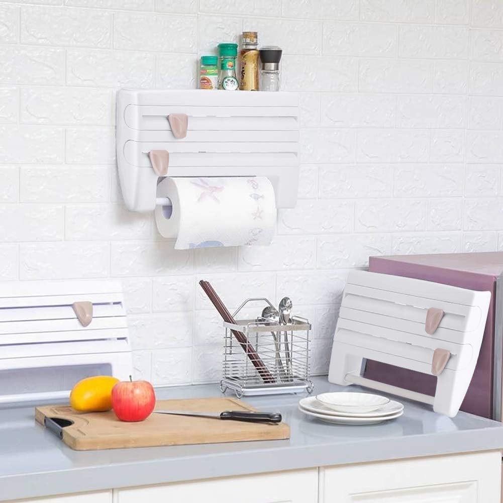Portarrollos Papel Cocina, Estante de Almacenamiento de Cocina Montado en Pared, 2 Cortadores Incorporados, Dispensador de Plástico para Envolver, Dispensador de Papel de Aluminio, Soporte para Toallas de Papel, Soporte de Rollos de Cocina