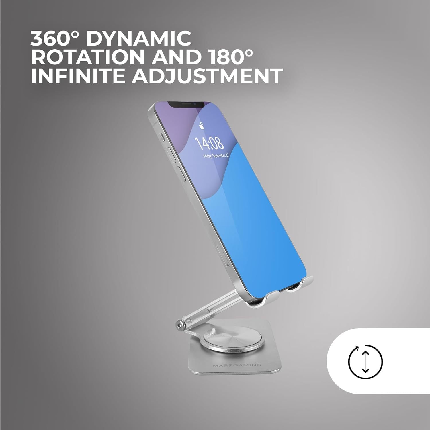 Mars Gaming MA-RSS, Soporte Plegable para Smartphone, Rotación Dinámica 360º + Ajuste en Altura y Ángulo 180º, Soporte Teléfono Móvil Portátil de Aluminio, Antideslizante, Gris Plateado