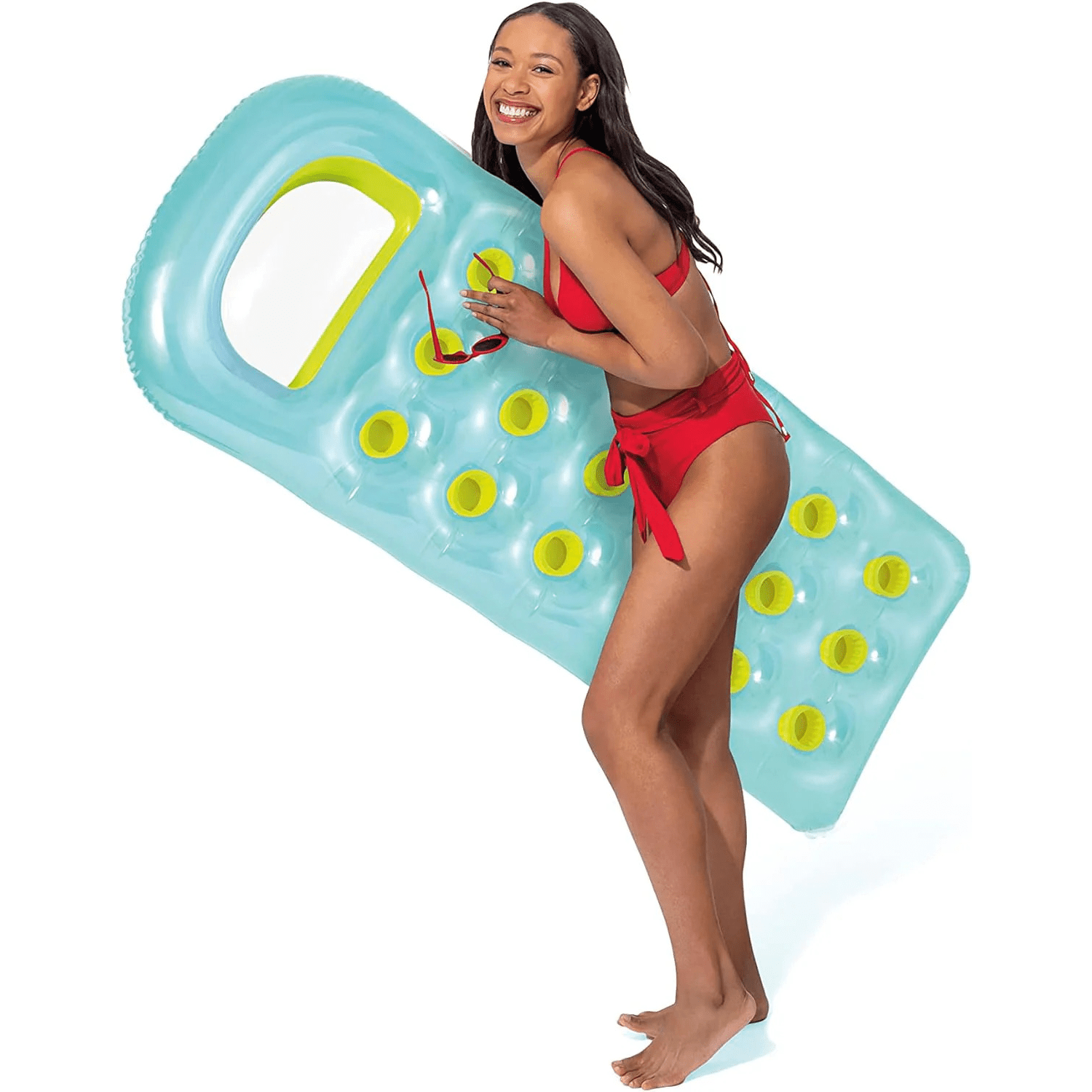 Colchoneta Inflable Piscina, Hamaca de Agua Flotante con 18 Posavasos y Almohada Transparente, Hecha de Vinilo Ultra Resistente, Incluye Parche para Reparar Pequeños Poros o Pinchazos, 100kg Peso Máximo, Color Aleatorio, 188 x 71 cm