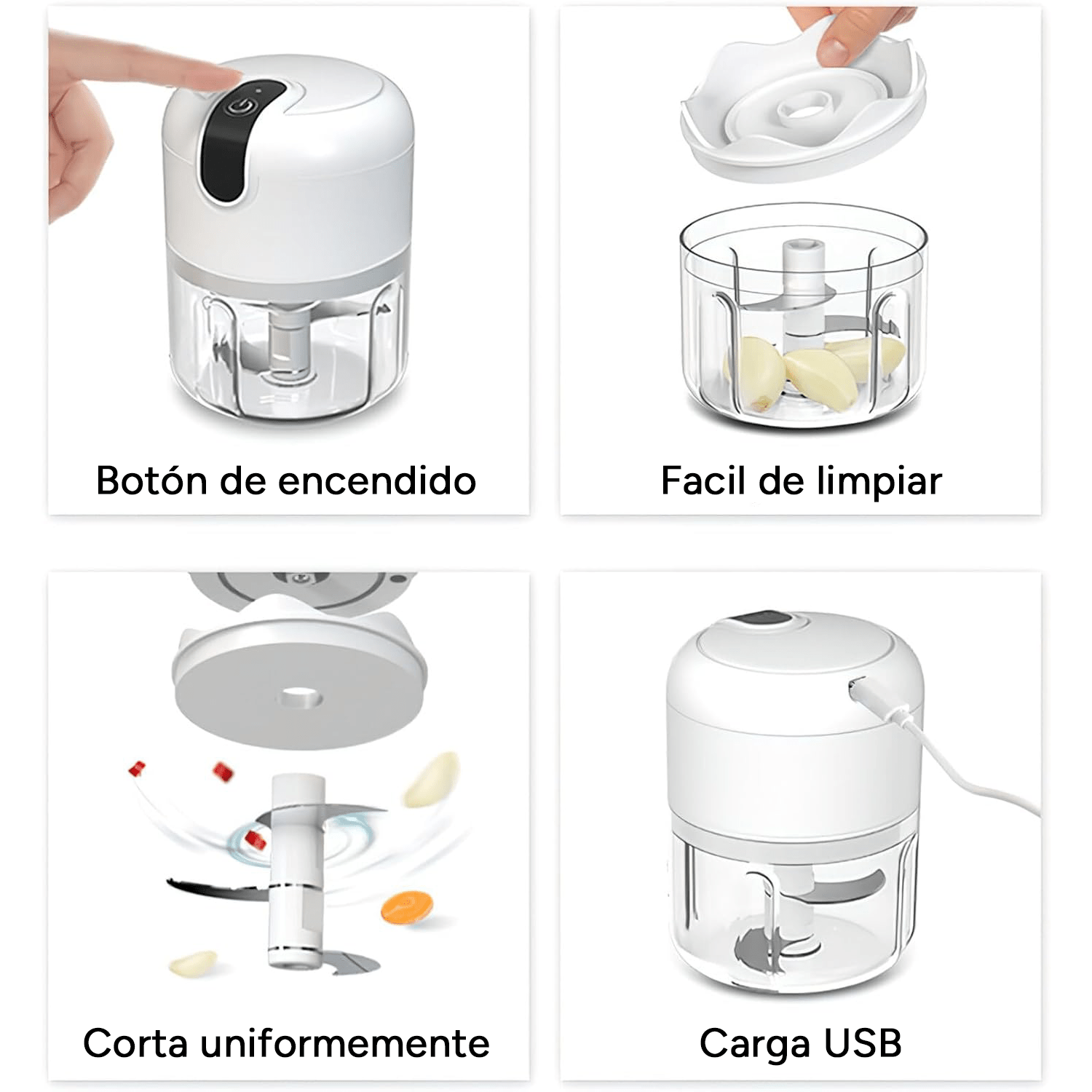Picadora Electrica de Alimentos, 250ml de Capacidad, Batería 1300 mAh, 1700 RPM, Trocea, Mezcla, Machaca y Muele, Triple Cuchilla de Acero, Resistente, Fácil de Limpiar, Perfecto para Fruta, Verdura, Carne, Hierbas