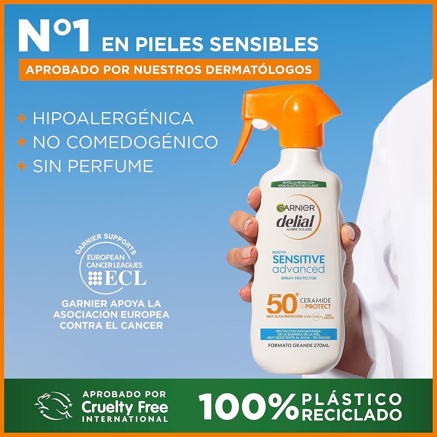 Garnier Protector Solar Spray Adultos Delial Sensitive Advanced, Ideal para Pieles Claras, Sensibles e Intolerantes al Sol, IP50+ -270 ml, Protección Avanzada Contra Rayos UVB, UVA Y UVA Largos, No Deja Manchas, 0% Grasa 0% Pegajosa