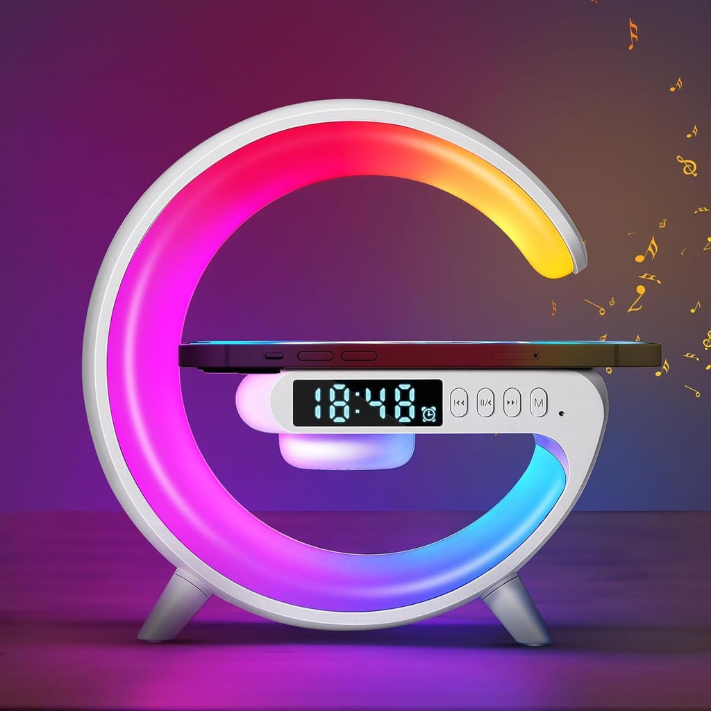 Lámpara Cargador Inalámbrico Multifunción para Smartphone, Altavoz Bluetooth, Reloj Despertador, Simulación de Amanecer y Sonido Natural para Dormir, 9 Modos de Iluminación RGB