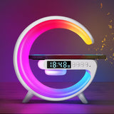 Lámpara Cargador Inalámbrico Multifunción para Smartphone, Altavoz Bluetooth, Reloj Despertador, Simulación de Amanecer y Sonido Natural para Dormir, 9 Modos de Iluminación RGB