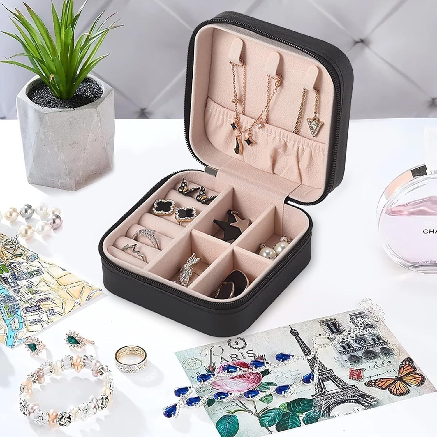 Mini Joyero Viaje, Estuche Portátil para Joyas, Organizador Joyas, Portable, Ideal para Viajes, Cremallera Resistente, Caja de Almacenamiento para pendientes, anillos, collares, pulseras