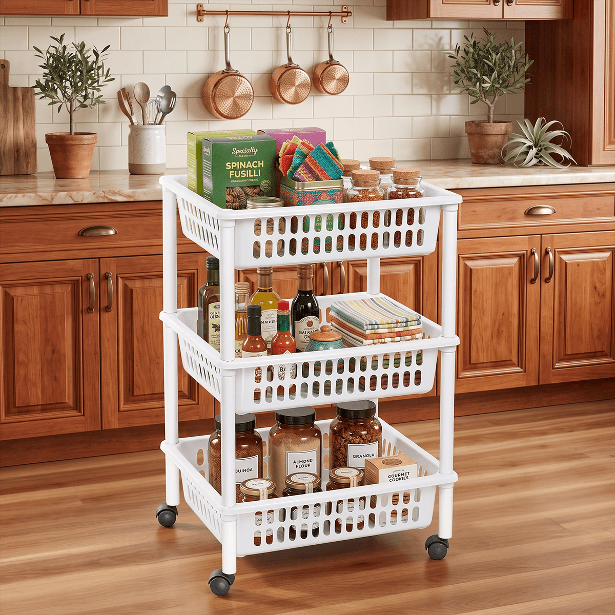 Carrito Auxiliar con Ruedas, Carrito Multifuncional de 3 Niveles, Apto para el Hogar, Oficina, Cocina, Sala de Estar, Baño, Fácil de Limpiar, Equipado con 4 Ruedas Giratorias, Desplazamiento Fluido, 40 x 30 x 61,5 cm