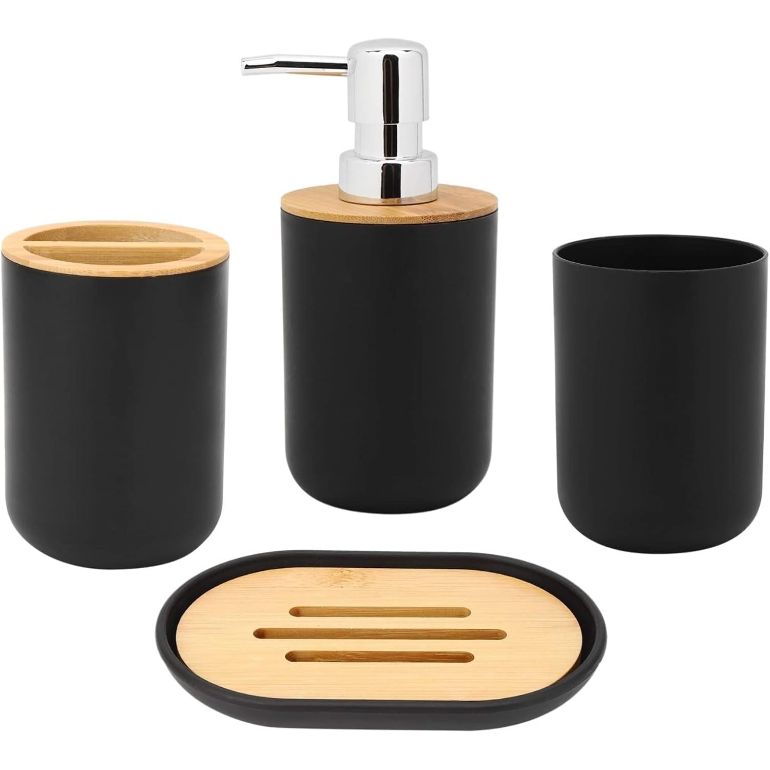 Set de Baño Completo, Conjunto Accesorios Baño Diseño Moderno y Elegante, Incluye Soporte para Cepillos de Dientes, Dispensador de Jabón Líquido, Vaso, Jabonera y Escobilla de Baño, Color Negro, Fabricado en Plastico Resistente y Bambú