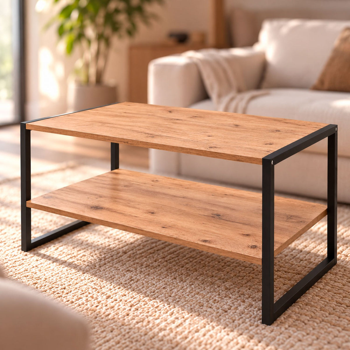 Mesa de Centro de Madera y Metal, para Salón y Sala de Estar, Diseño Rectangular con Estante Inferior para Almacenamiento, Acabado Madera con Estructura Negra, 90 x 50 x 50 cm